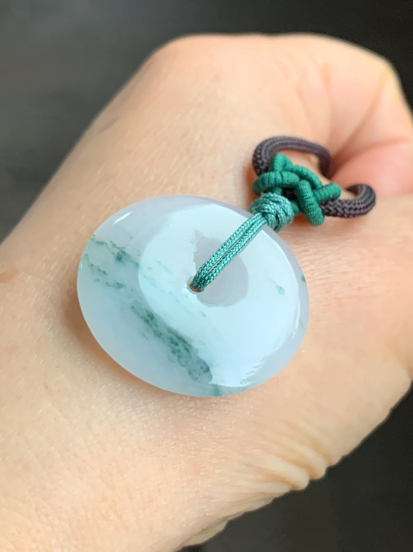 Certified Grade A Natural Icy Translucent Gelatinous White Green Marbled Jadeite Ping An Kou Donut Pendant Necklace 天然老种冰胶白飘花翡翠平安扣吊坠 7833