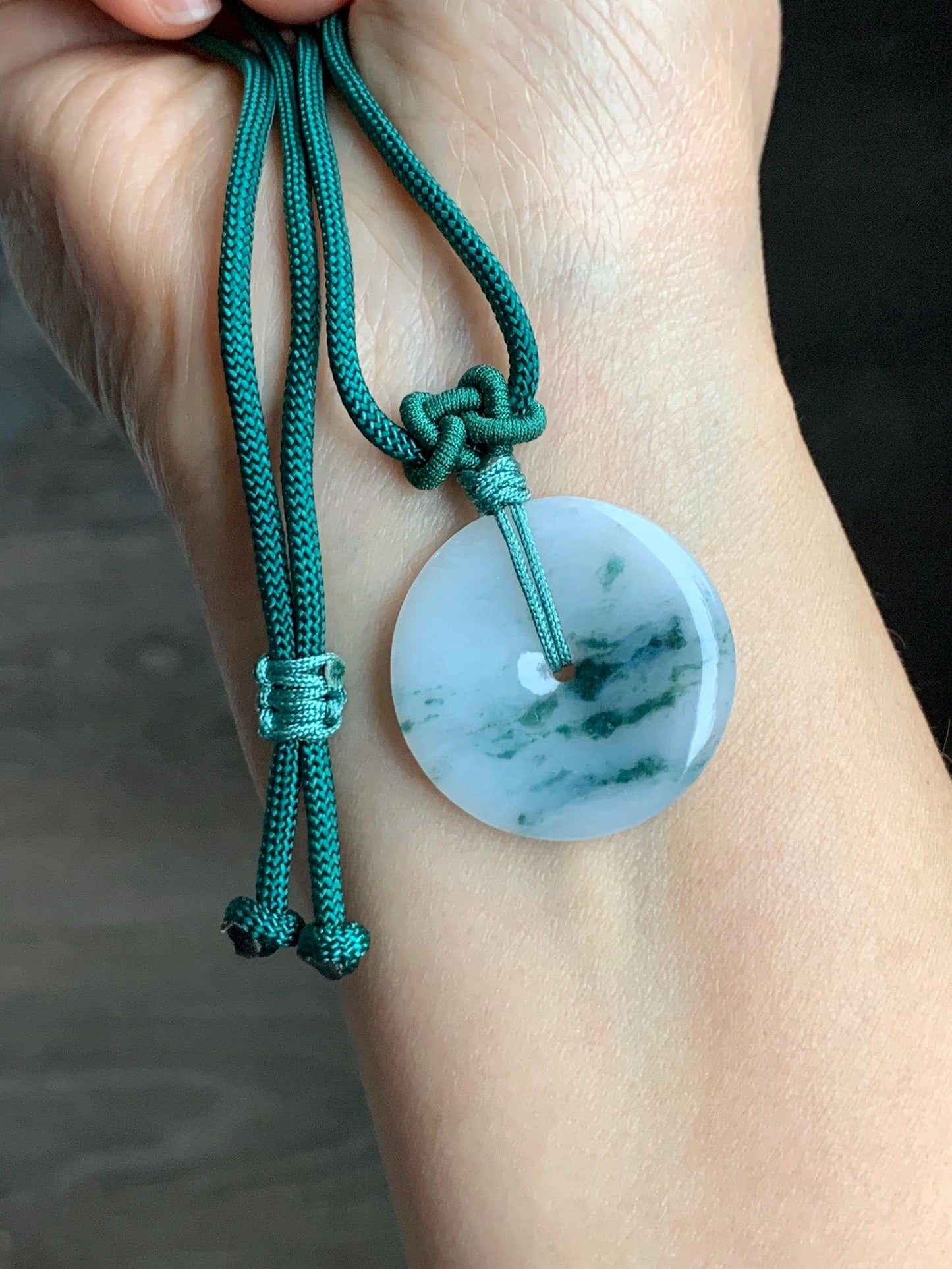 Certified Grade A Natural Icy Translucent Gelatinous White Green Marbled Jadeite Ping An Kou Donut Pendant Necklace 天然老种冰胶白飘花翡翠平安扣吊坠 7834