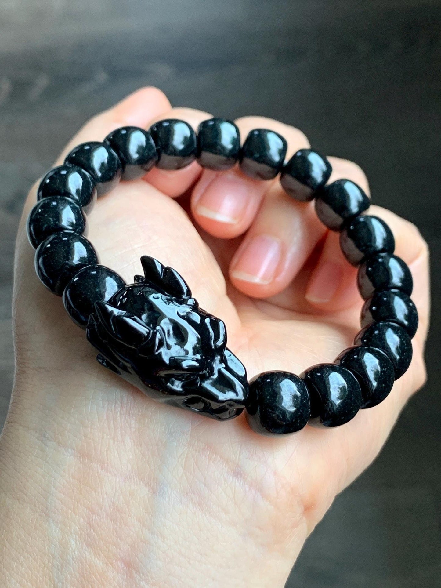 Natural Grade A Black Jadeite Carved Dragon Head & Jadeite Drum Beads Beaded Bracelet Stretchy 7.5" 50g 天然墨翠鼓珠龙头珠手串 JDL1227