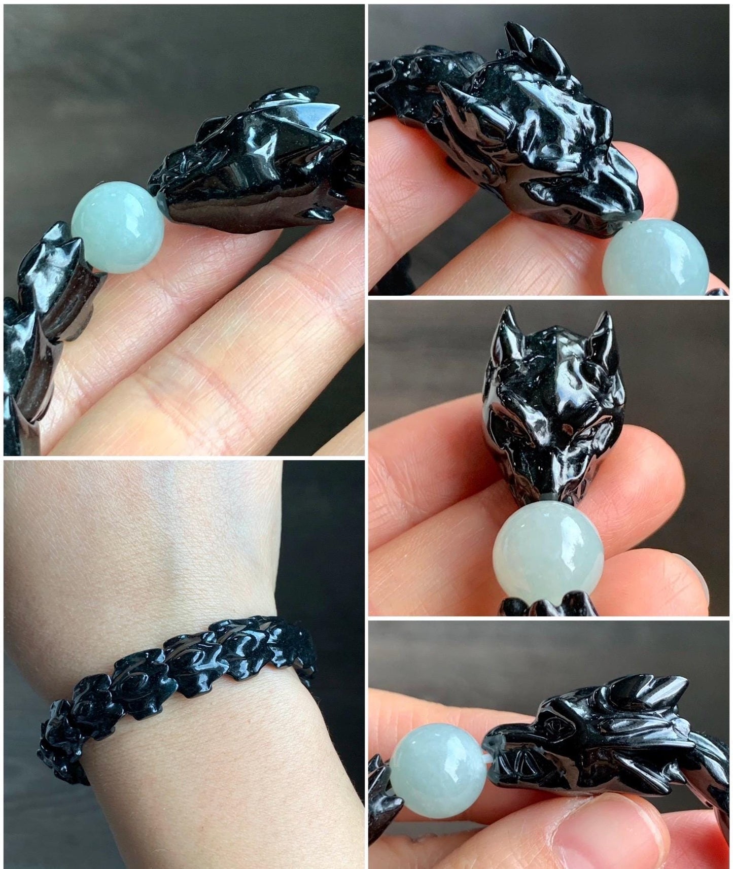 Natural Grade A Black Jadeite Carved Dragon Bone & Dragon Head Icy Translucent White Jadeite Bead Beaded Bracelet 7.5" 天然墨翠龙头龙骨冰翡翠珠手串 XSL121