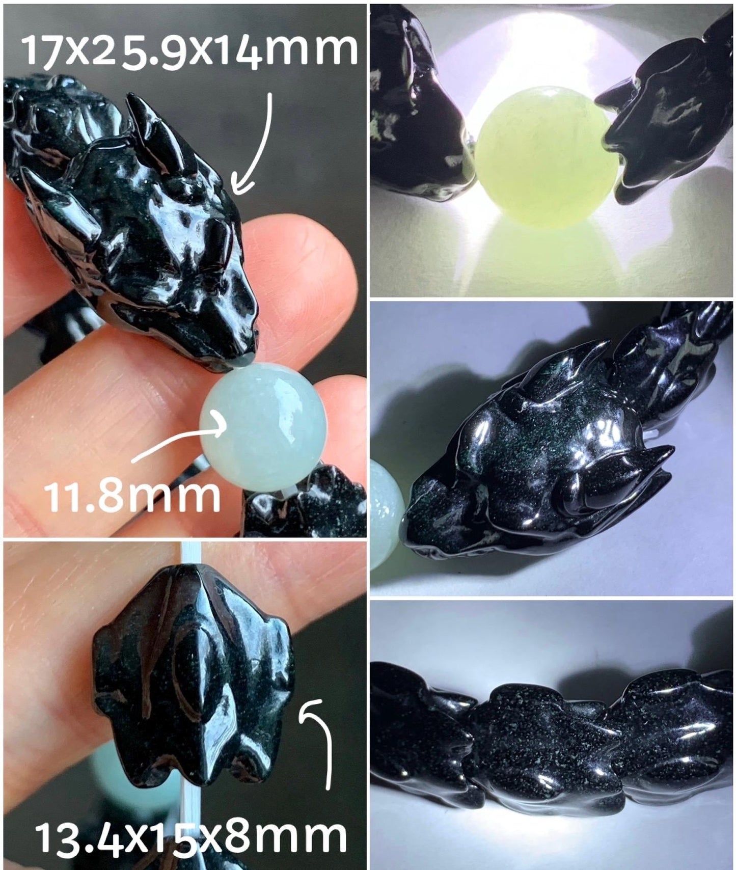 Natural Grade A Black Jadeite Carved Dragon Bone & Dragon Head Icy Translucent White Jadeite Bead Beaded Bracelet 7.5" 天然墨翠龙头龙骨冰翡翠珠手串 XSL121
