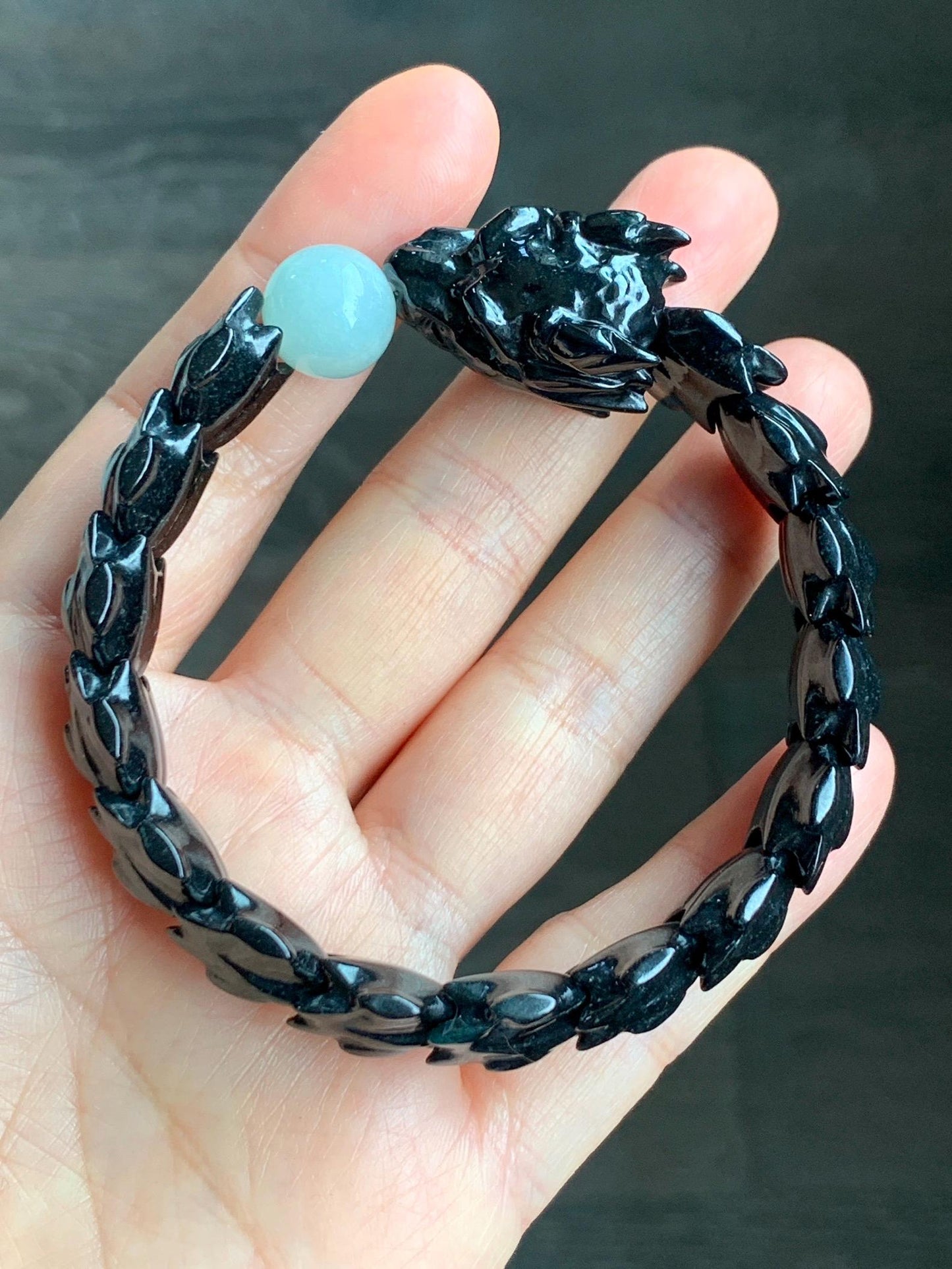 Natural Grade A Black Jadeite Carved Dragon Bone & Dragon Head Icy Translucent White Jadeite Bead Beaded Bracelet 7.5" 天然墨翠龙头龙骨冰翡翠珠手串 XSL121