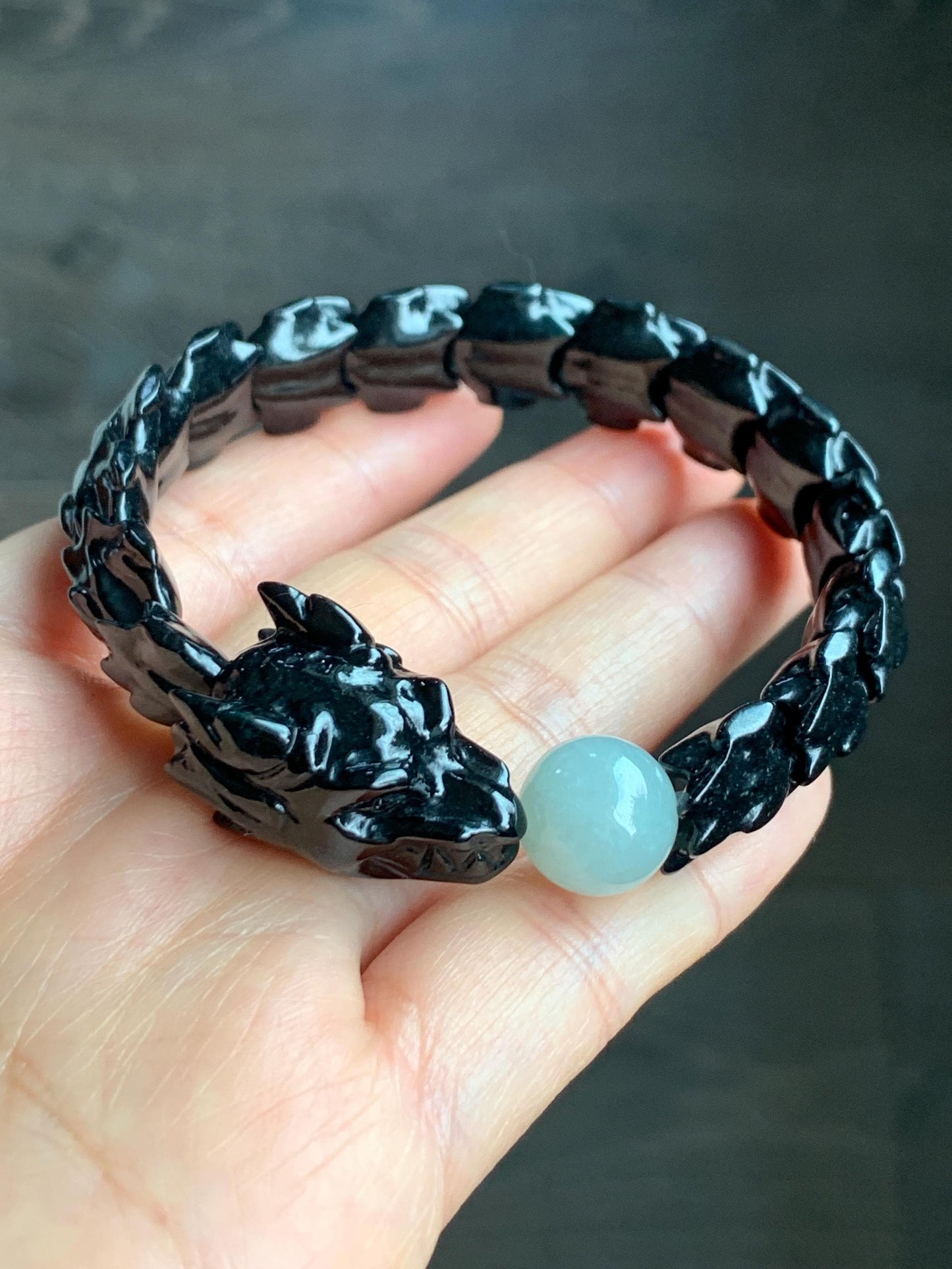 Natural Grade A Black Jadeite Carved Dragon Bone & Dragon Head Icy Translucent White Jadeite Bead Beaded Bracelet 7.5" 天然墨翠龙头龙骨冰翡翠珠手串 XSL121
