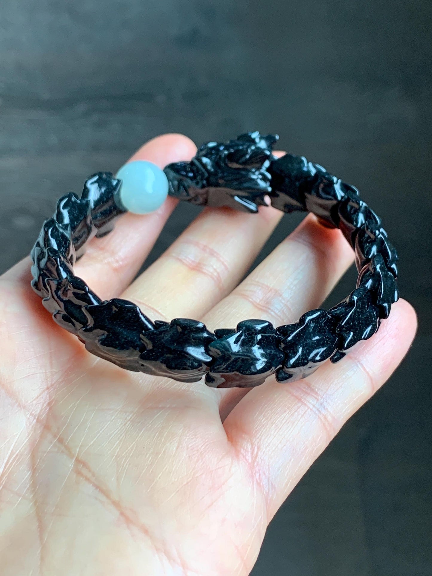 Natural Grade A Black Jadeite Carved Dragon Bone & Dragon Head Icy Translucent White Jadeite Bead Beaded Bracelet 7.5" 天然墨翠龙头龙骨冰翡翠珠手串 XSL121