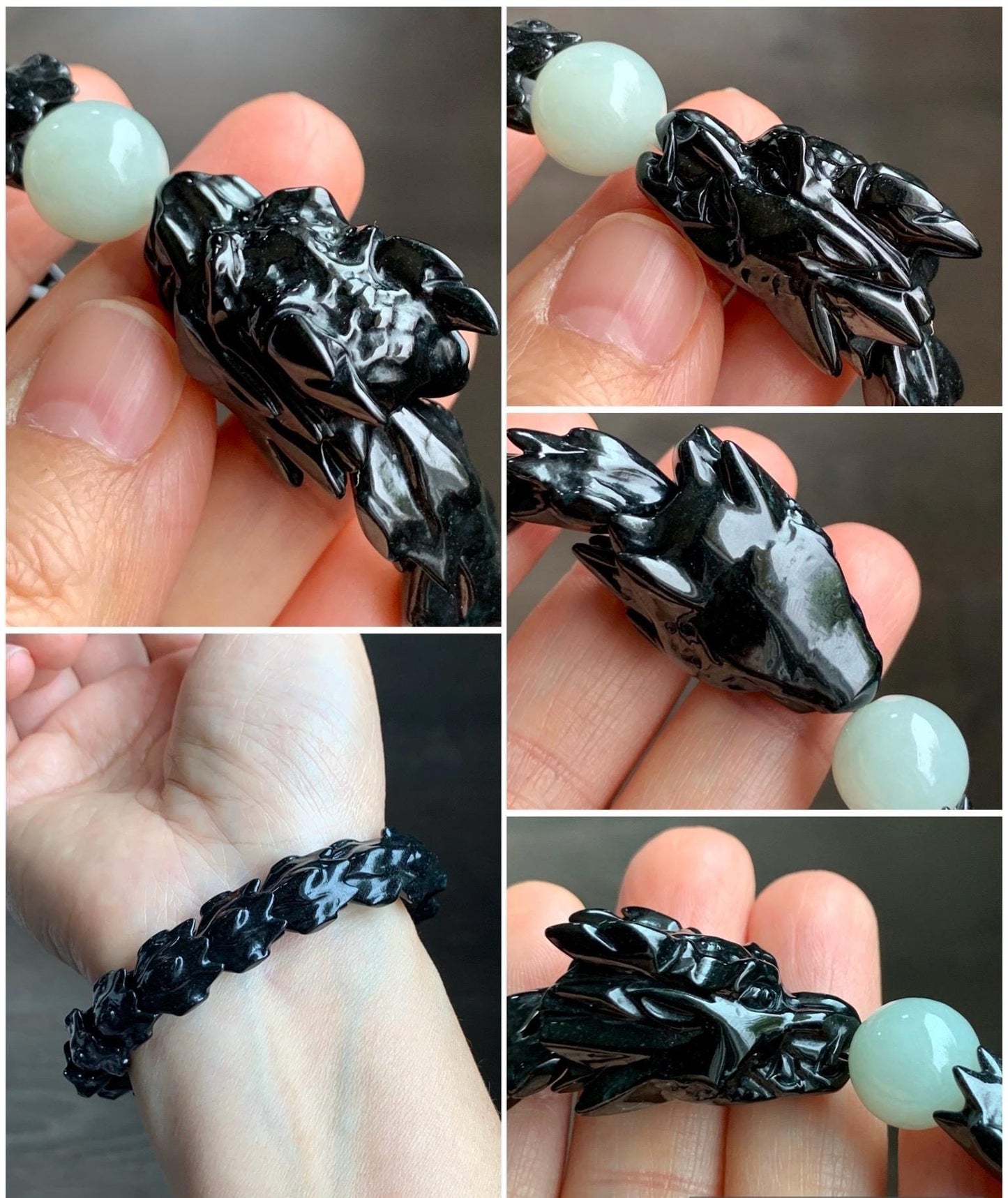 Natural Grade A Black Jadeite Carved Dragon Bone & Dragon Head Icy Translucent White Jadeite Bead Beaded Bracelet 7" 天然墨翠龙头龙骨冰翡翠珠手串 LSL1215