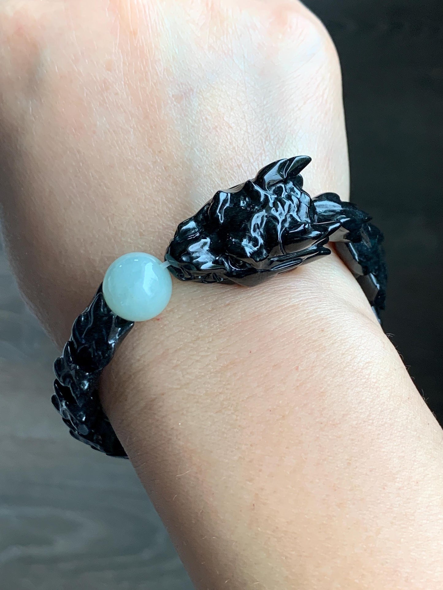 Natural Grade A Black Jadeite Carved Dragon Bone & Dragon Head Icy Translucent White Jadeite Bead Beaded Bracelet 7" 天然墨翠龙头龙骨冰翡翠珠手串 LSL1215