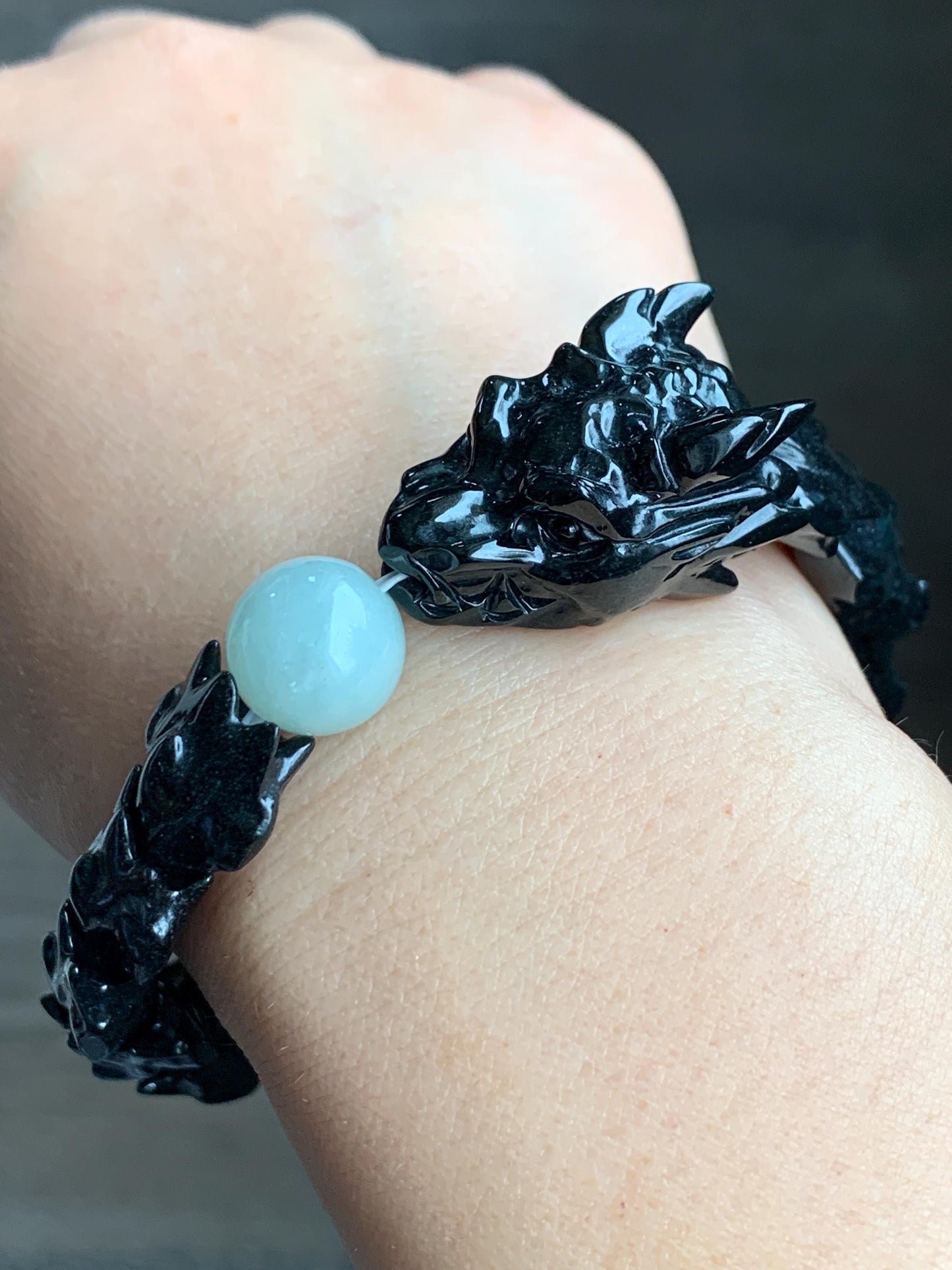 Natural Grade A Black Jadeite Carved Dragon Bone & Dragon Head Icy Translucent White Jadeite Bead Beaded Bracelet 7" 天然墨翠龙头龙骨冰翡翠珠手串 LSL1215