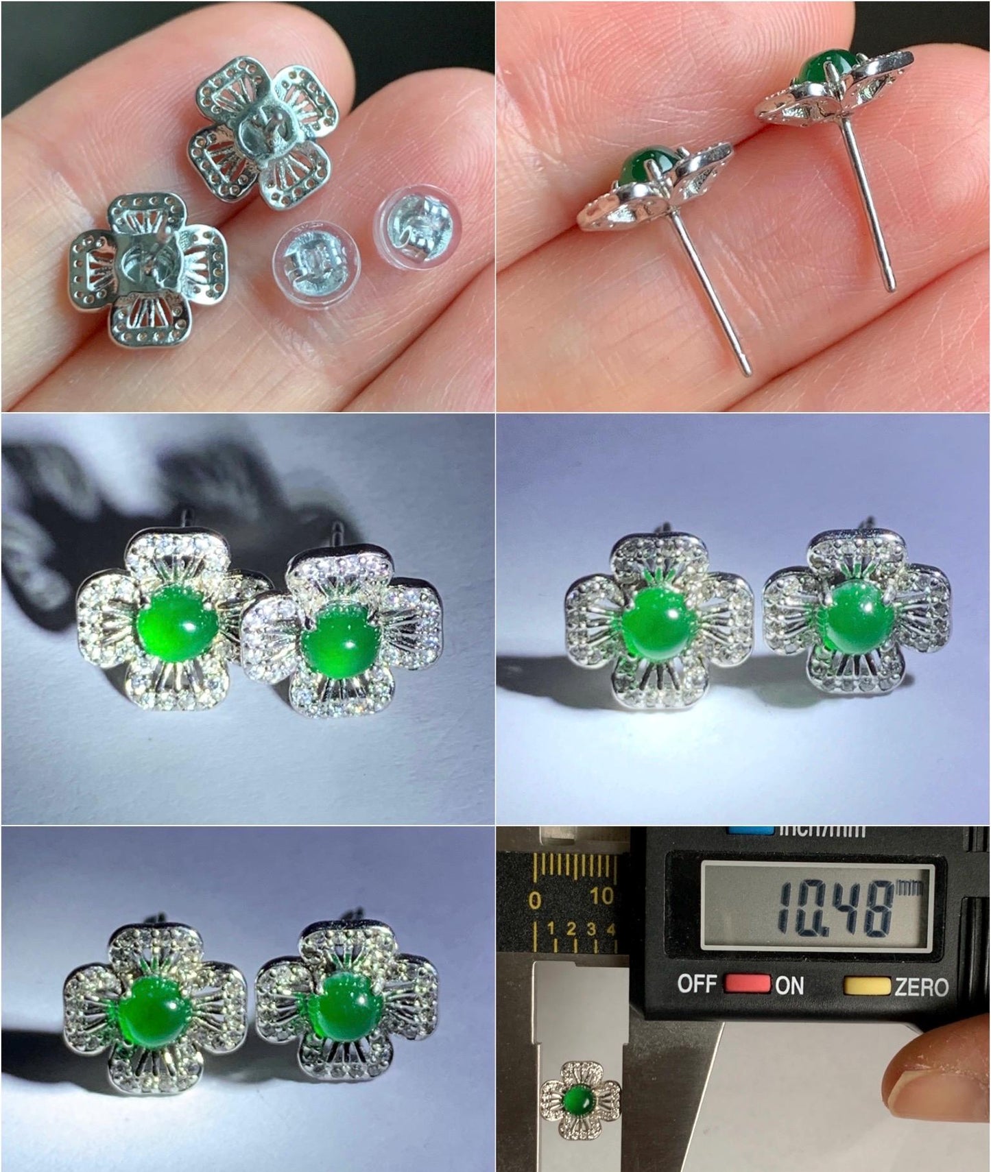 Natural Guatemalan Grade A Icy Highly Translucent Vibrant Green Jadeite Round Stud Earrings Sterling Silver 天然冰危绿翡翠蛋面银镶耳钉