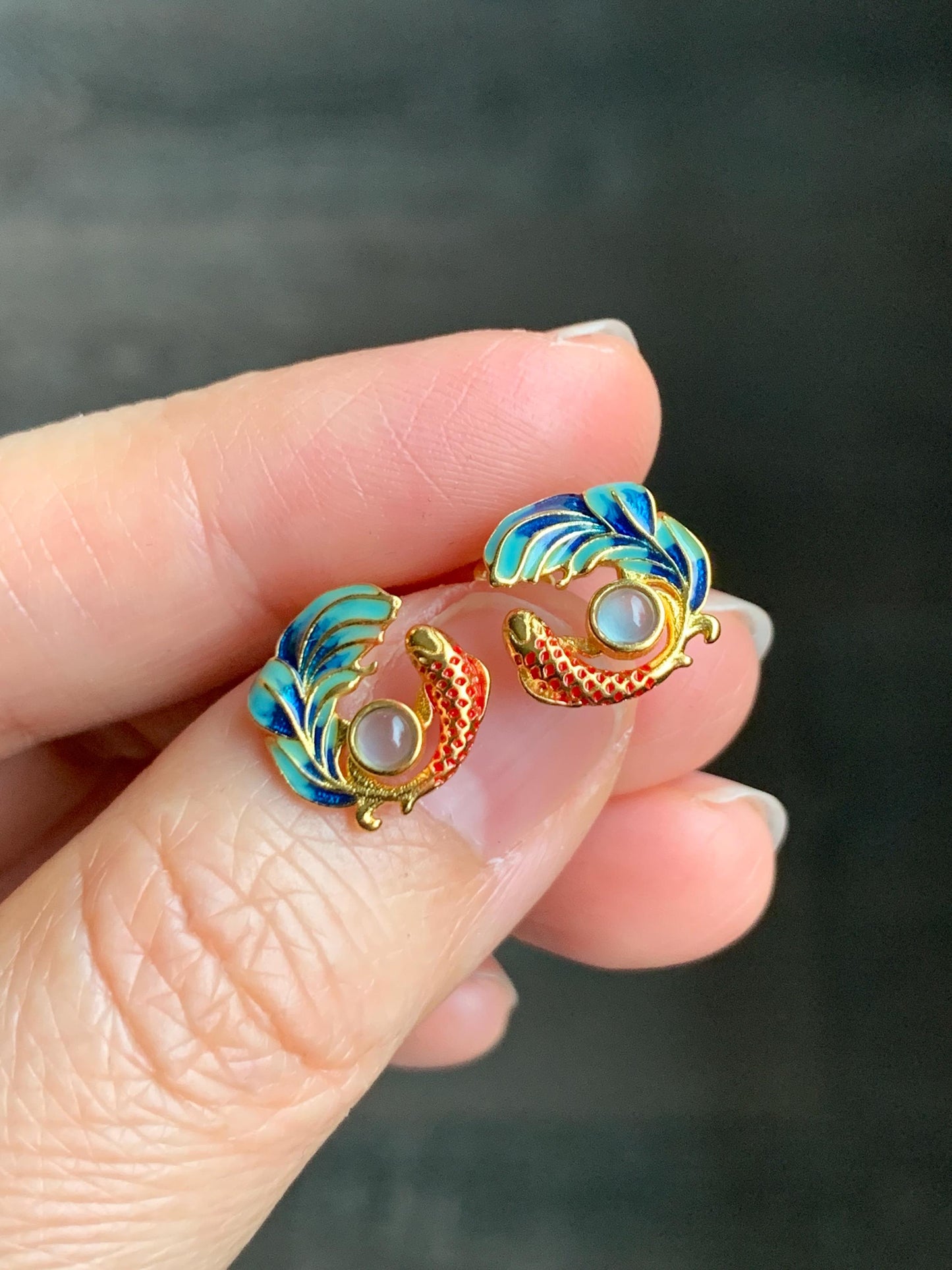 Natural Guatemalan Grade A Icy Highly Translucent Jadeite Koi Fish Stud Earrings Enamel Sterling Silver 天然冰危淡蓝翡翠蛋面锦鲤烤漆银镶耳钉 JLL60