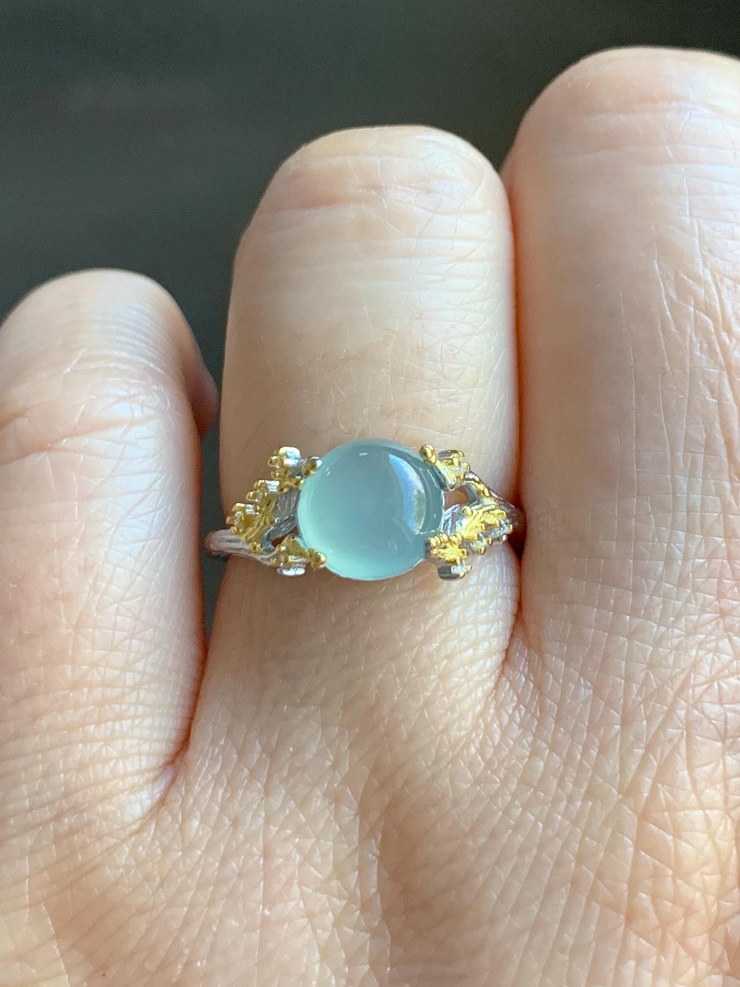 Natural Guatemalan Icy Highly Translucent Pale Blue Jadeite Tree Branch Design Ring Sterling Silver Adjustable 天然冰危淡蓝起光翡翠树枝银镶戒指 MHYB