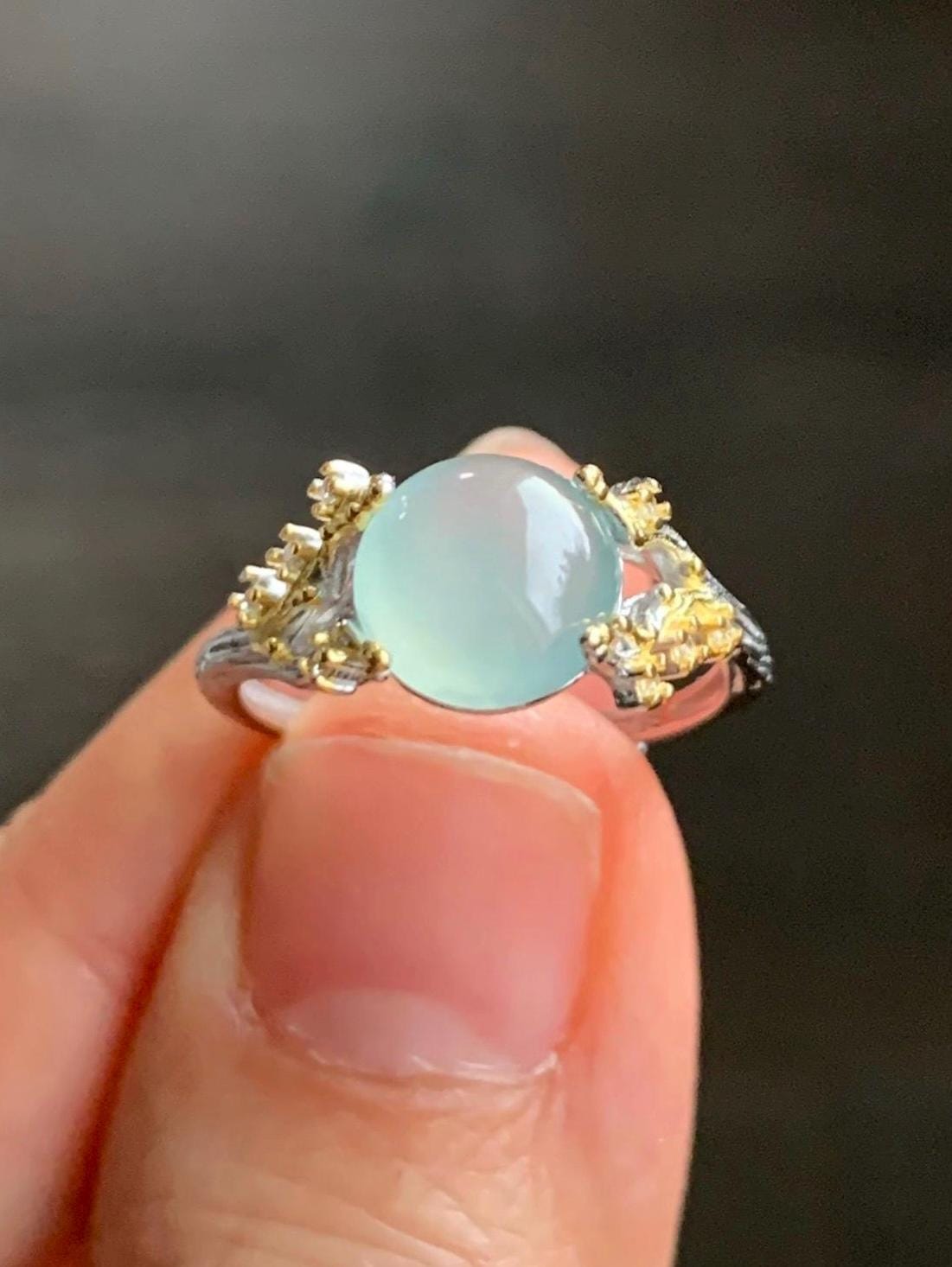 Natural Guatemalan Icy Highly Translucent Pale Blue Jadeite Tree Branch Design Ring Sterling Silver Adjustable 天然冰危淡蓝起光翡翠树枝银镶戒指 MHYB