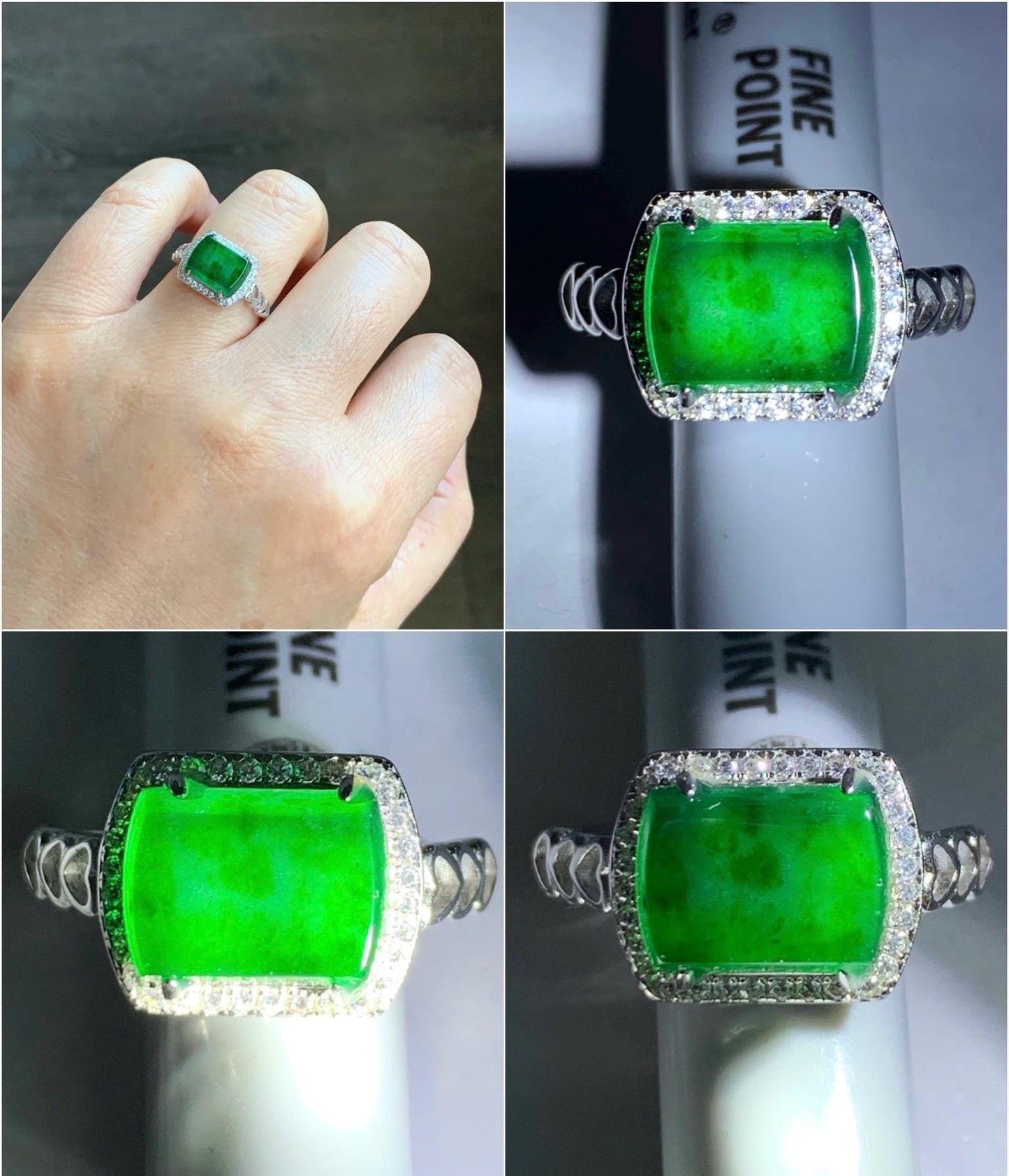 Natural Grade A Guatemalan Icy Translucent Vibrant Green Jadeite Saddle Ring Sterling Silver Size Adjustable 天然冰危绿翡翠马鞍银镶戒指
