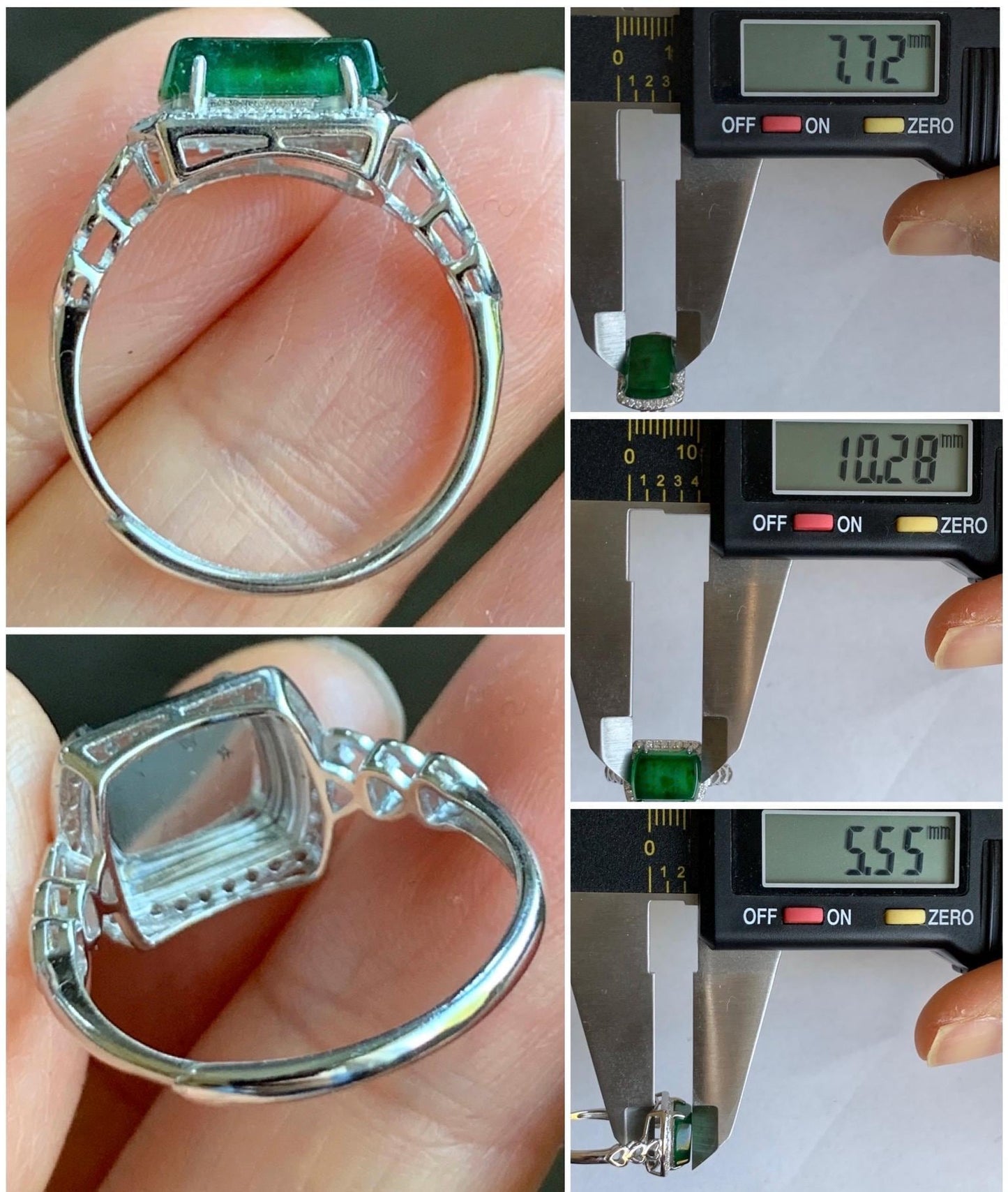 Natural Grade A Guatemalan Icy Translucent Vibrant Green Jadeite Saddle Ring Sterling Silver Size Adjustable 天然冰危绿翡翠马鞍银镶戒指