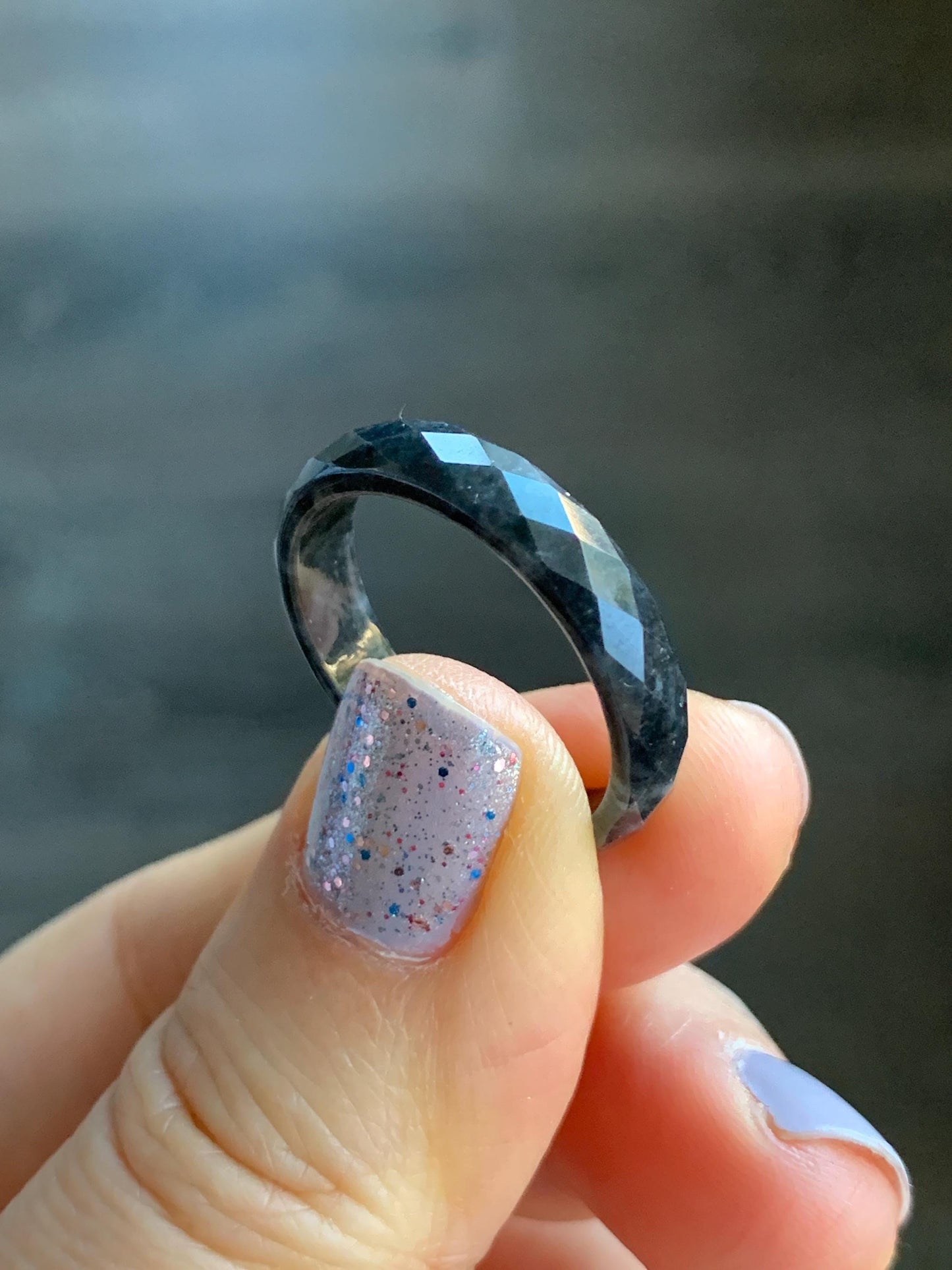 Natural Burmese Icy Translucent Dark Wuji Jadeite Diamond Faceted Band Ring Size 10.25 US 天然缅甸冰乌鸡翡翠切割面戒圈 ZQW-A