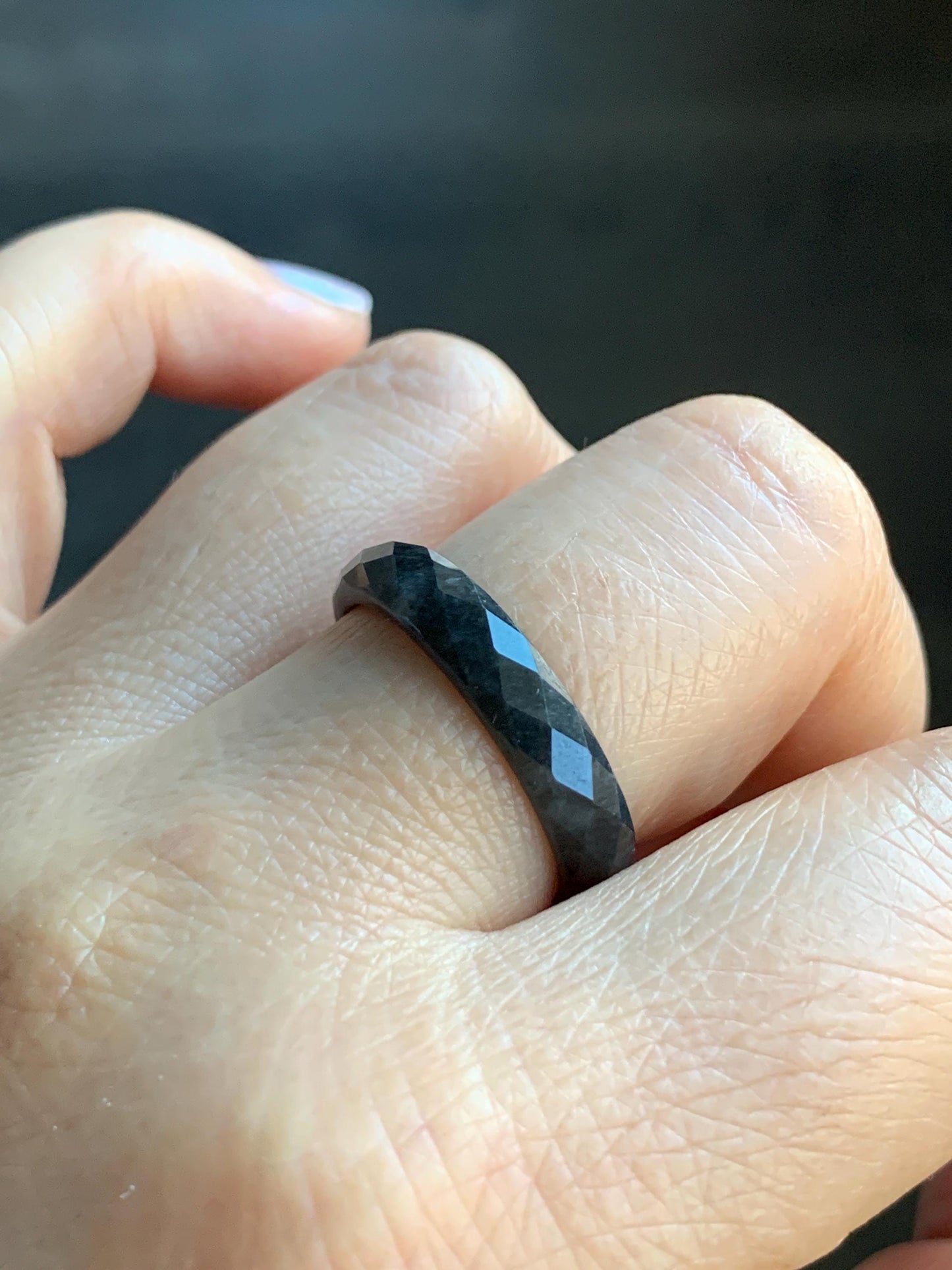 Natural Burmese Icy Translucent Dark Wuji Jadeite Diamond Faceted Band Ring Size 10.25 US 天然缅甸冰乌鸡翡翠切割面戒圈 ZQW-A