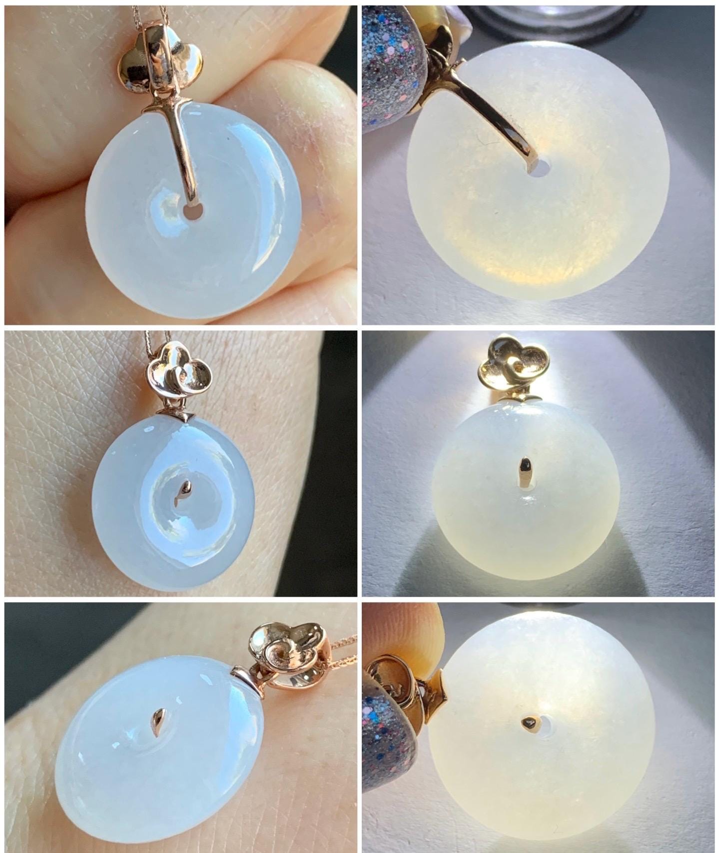 Certified Natural Burmese Icy Translucent Gelatinous White Jadeite Ping An Kou Donut Pendant 18K Rose Gold 4g 天然缅甸冰胶白色粉底翡翠平安扣玫瑰金镶嵌吊坠 7425