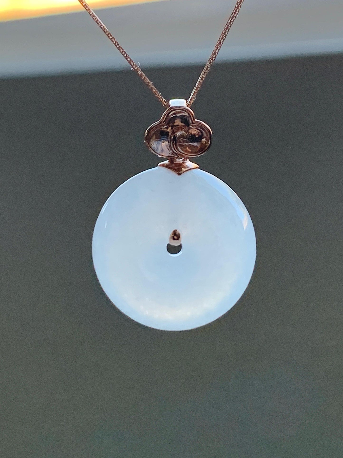 Certified Natural Burmese Icy Translucent Gelatinous White Jadeite Ping An Kou Donut Pendant 18K Rose Gold 4g 天然缅甸冰胶白色粉底翡翠平安扣玫瑰金镶嵌吊坠 7425
