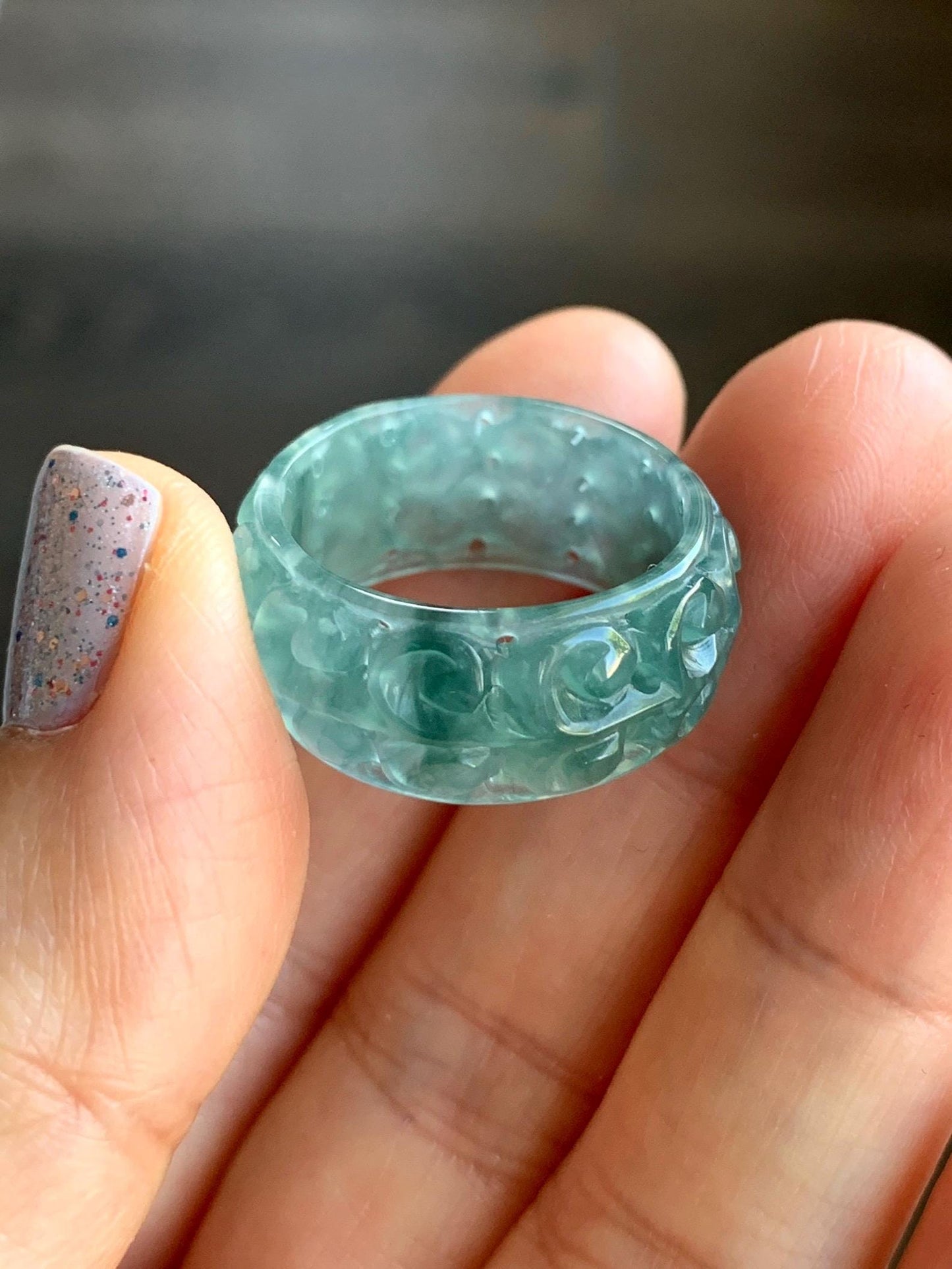 Natural Guatemalan Icy Translucent Teal Blue & Dark Green Marbled Jadeite Openwork Engraved Band Ring Size 9 US 天然冰胶危蓝绿飘花翡翠镂空雕戒圈 LKD-A