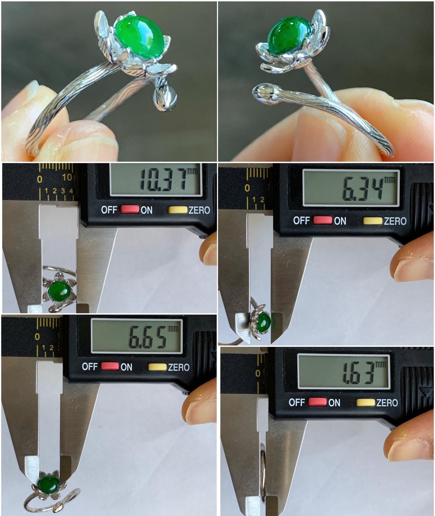 Natural Guatemalan Icy Translucent Vibrant Green Jadeite Solitaire Flower Open Band Ring Sterling Silver Adjustable 天然冰危绿翡翠莲花开口银镶戒指 WLH98