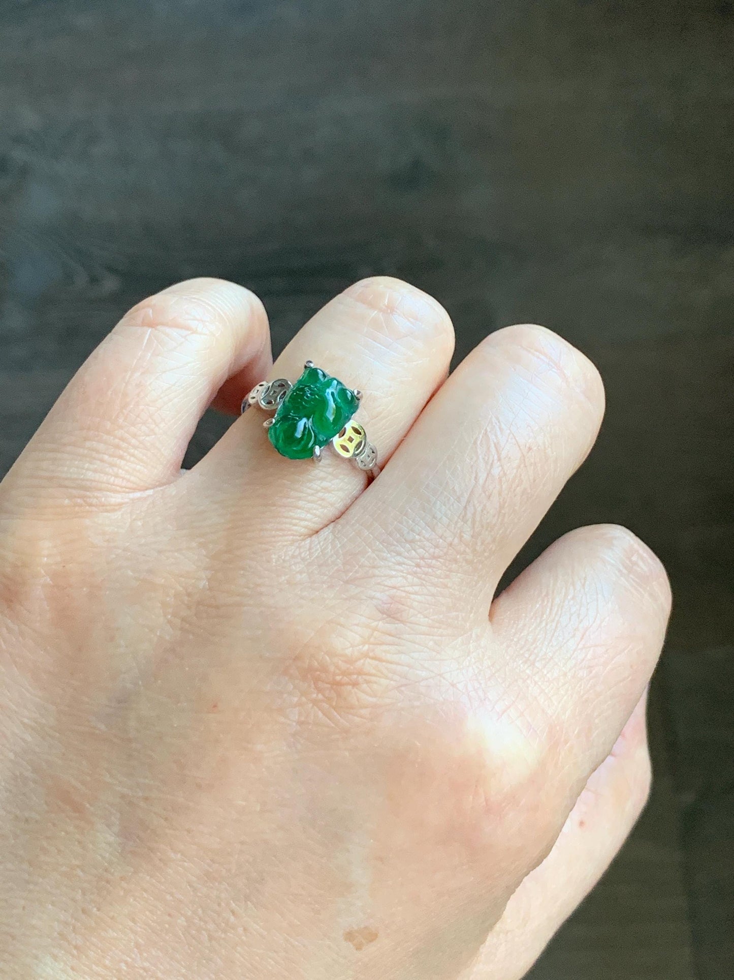 Natural Guatemalan Icy Translucent Deep Green Jadeite Carved Goldfish Ring S925 Sterling Silver Size 7 Adjustable 天然冰危绿翡翠金鱼银镶戒指 XJY88