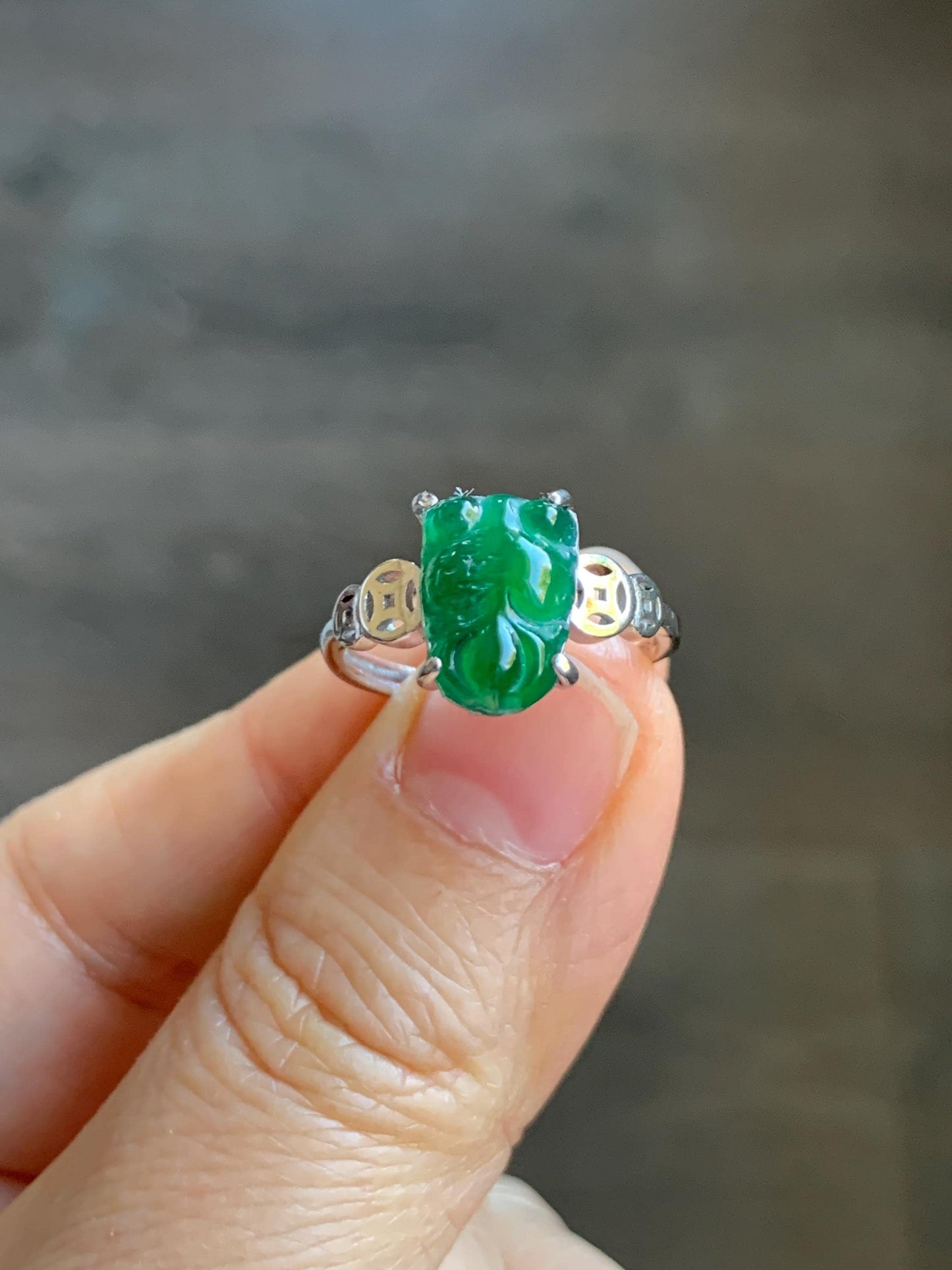 Natural Guatemalan Icy Translucent Deep Green Jadeite Carved Goldfish Ring S925 Sterling Silver Size 7 Adjustable 天然冰危绿翡翠金鱼银镶戒指 XJY88