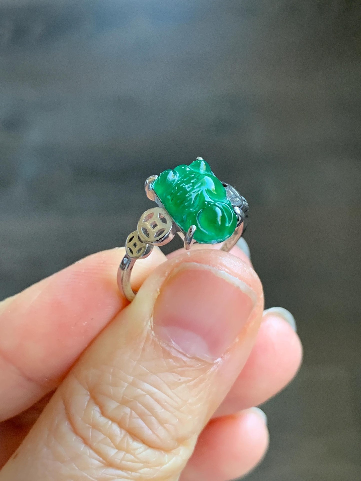 Natural Guatemalan Icy Translucent Deep Green Jadeite Carved Goldfish Ring S925 Sterling Silver Size 7 Adjustable 天然冰危绿翡翠金鱼银镶戒指 XJY88