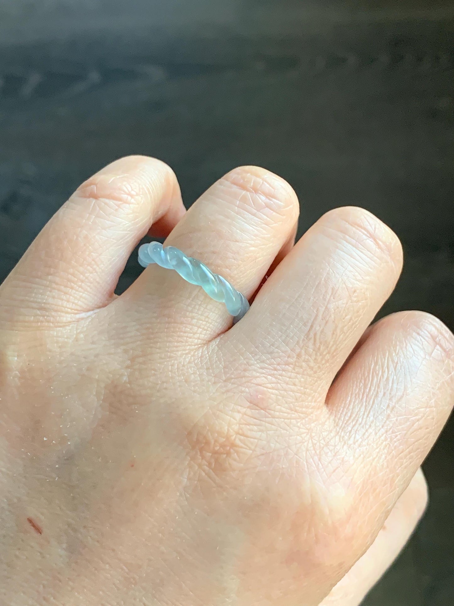 Natural Guatemalan Icy Highly Translucent Gelatinous Light Blue Jadeite Carved Braid Band Ring Size 6.75 US 2g 天然高冰危浅蓝起光翡翠麻花戒圈 MHJ675