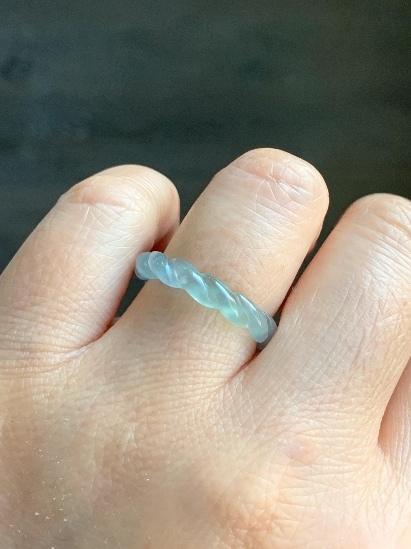 Natural Guatemalan Icy Highly Translucent Gelatinous Light Blue Jadeite Carved Braid Band Ring Size 6.75 US 2g 天然高冰危浅蓝起光翡翠麻花戒圈 MHJ675