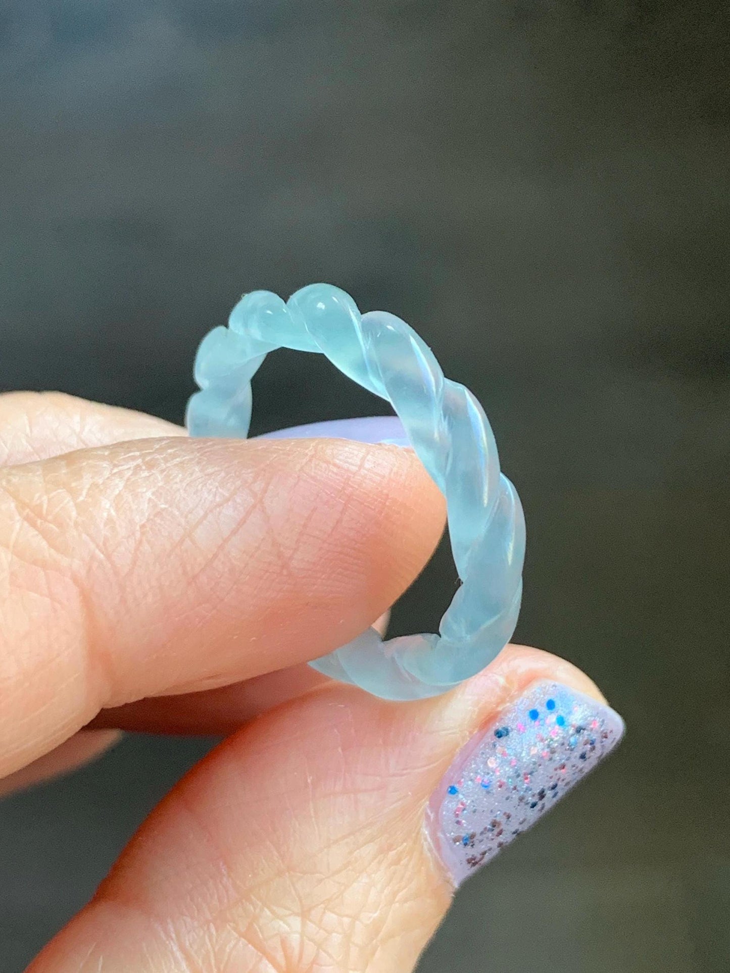 Natural Guatemalan Icy Highly Translucent Gelatinous Light Blue Jadeite Carved Braid Band Ring Size 6.75 US 2g 天然高冰危浅蓝起光翡翠麻花戒圈 MHJ675