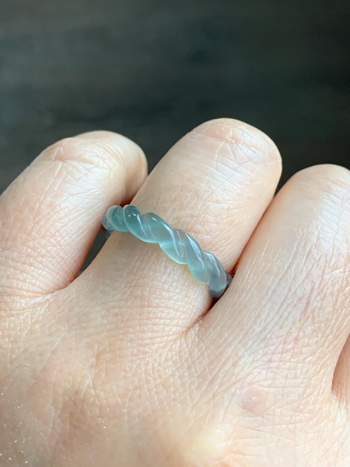 Natural Guatemalan Icy Highly Translucent Gelatinous Light Blue Jadeite Carved Braid Band Ring Size 6.5 US 2g 天然高冰危浅蓝起光翡翠麻花戒圈 MHJ65