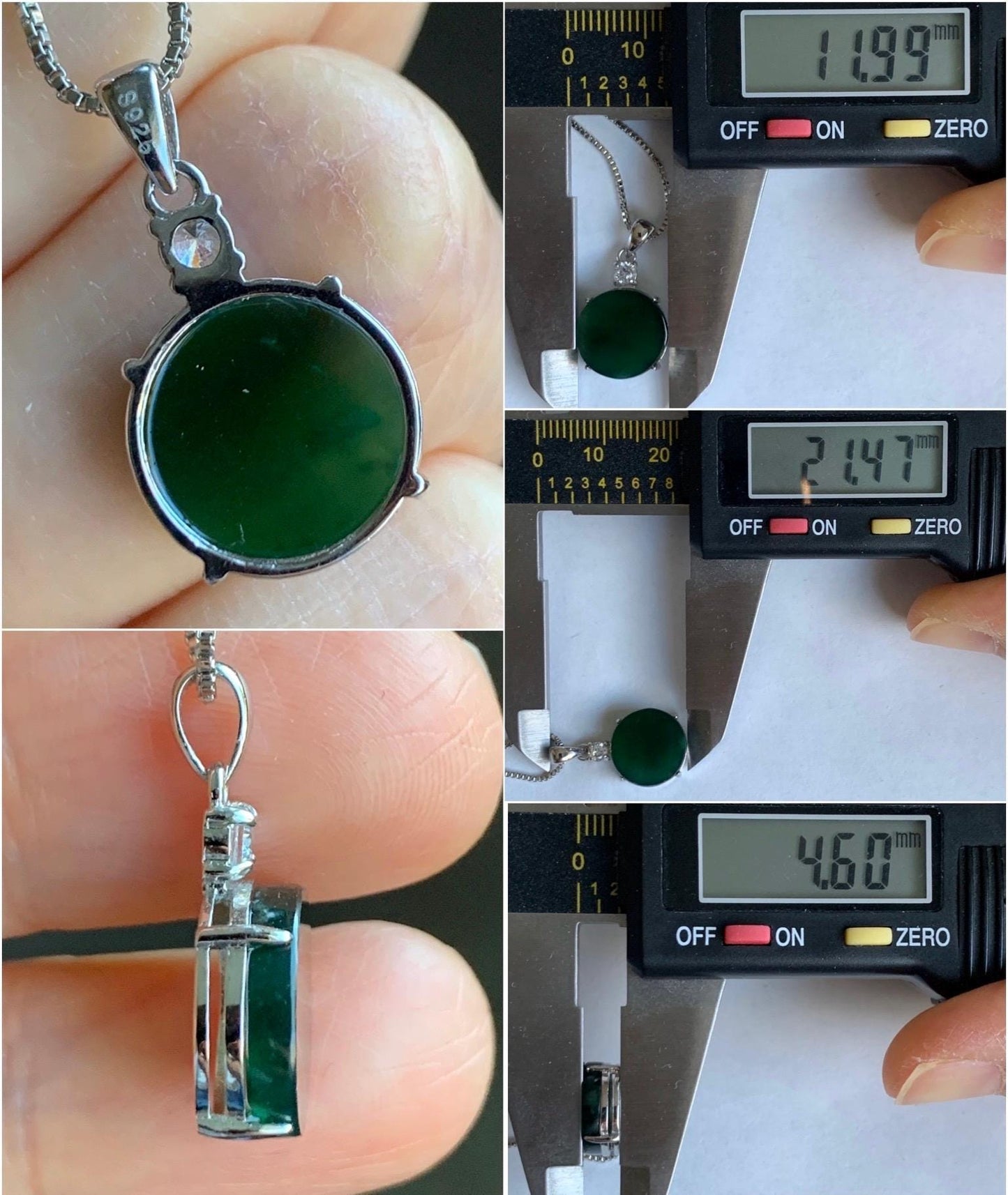 Natural Grade A Guatemalan Icy Translucent Dark Teal Green Jadeite Mini Wu Shi Pai Coin Pendant Sterling Silver 天然冰危湖水绿翡翠迷你无事牌镶嵌吊坠 HSL55