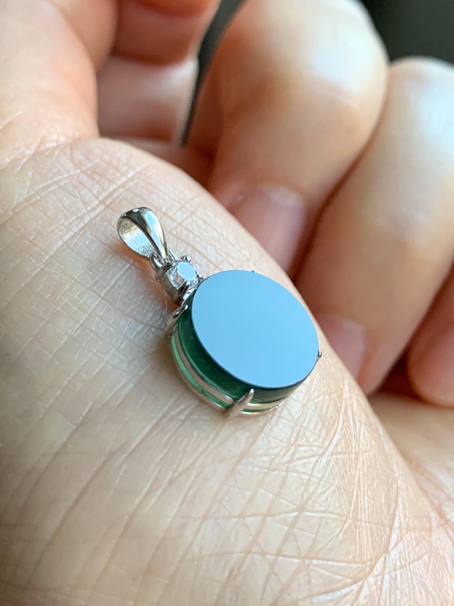 Natural Grade A Guatemalan Icy Translucent Dark Teal Green Jadeite Mini Wu Shi Pai Coin Pendant Sterling Silver 天然冰危湖水绿翡翠迷你无事牌镶嵌吊坠 HSL55