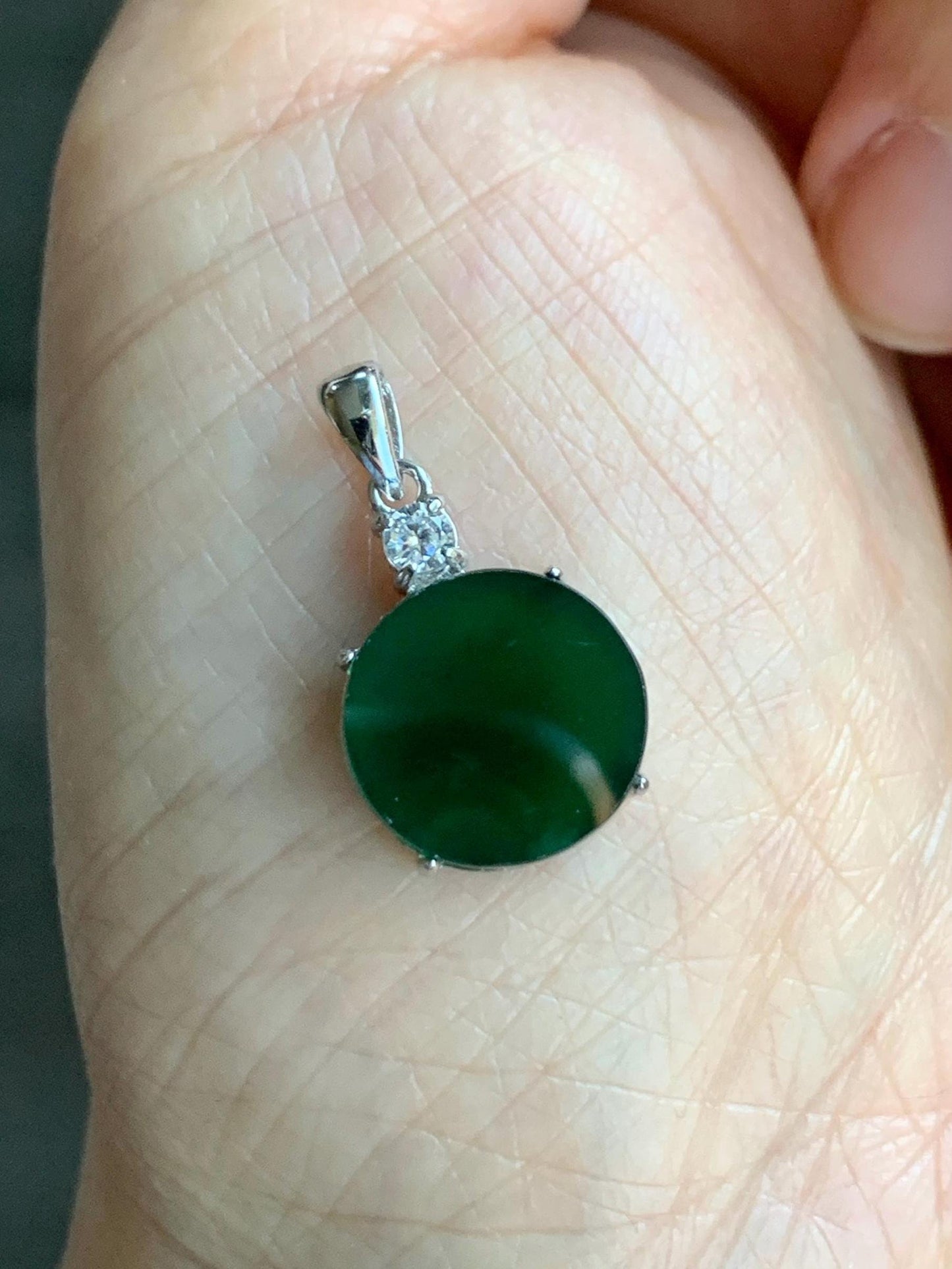 Natural Grade A Guatemalan Icy Translucent Dark Teal Green Jadeite Mini Wu Shi Pai Coin Pendant Sterling Silver 天然冰危湖水绿翡翠迷你无事牌镶嵌吊坠 HSL55