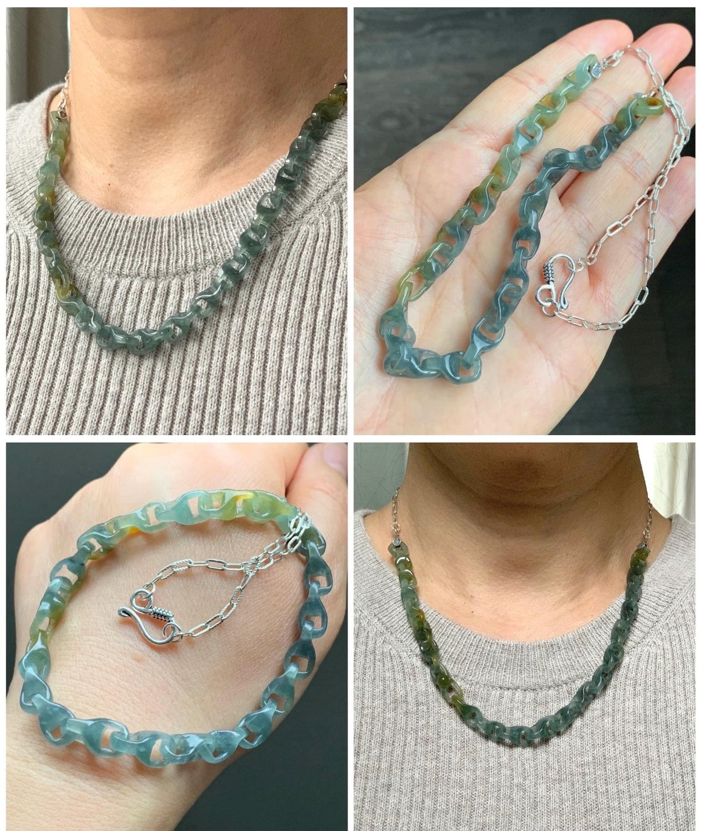 Certified Natural Guatemalan Icy Blue Yellow Marbled Jadeite Interlocked Dragon Bone Links Necklace Sterling Silver 天然冰危蓝飘花翡翠龙骨环环相扣项链 1675