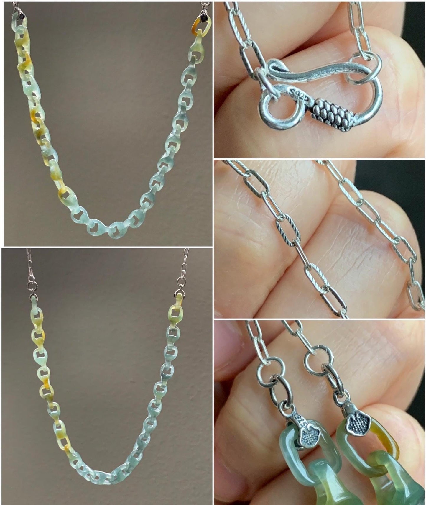 Certified Natural Guatemalan Icy Blue Yellow Marbled Jadeite Interlocked Dragon Bone Links Necklace Sterling Silver 天然冰危蓝飘花翡翠龙骨环环相扣项链 1675