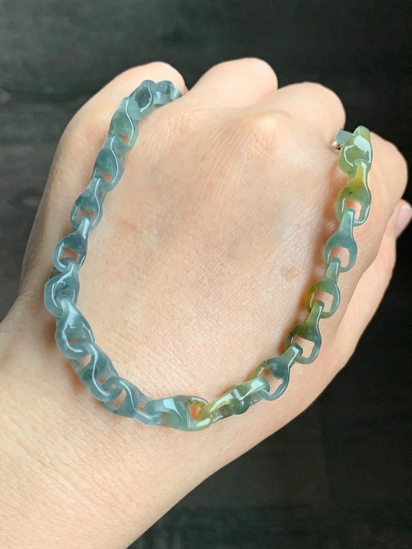 Certified Natural Guatemalan Icy Blue Yellow Marbled Jadeite Interlocked Dragon Bone Links Necklace Sterling Silver 天然冰危蓝飘花翡翠龙骨环环相扣项链 1675