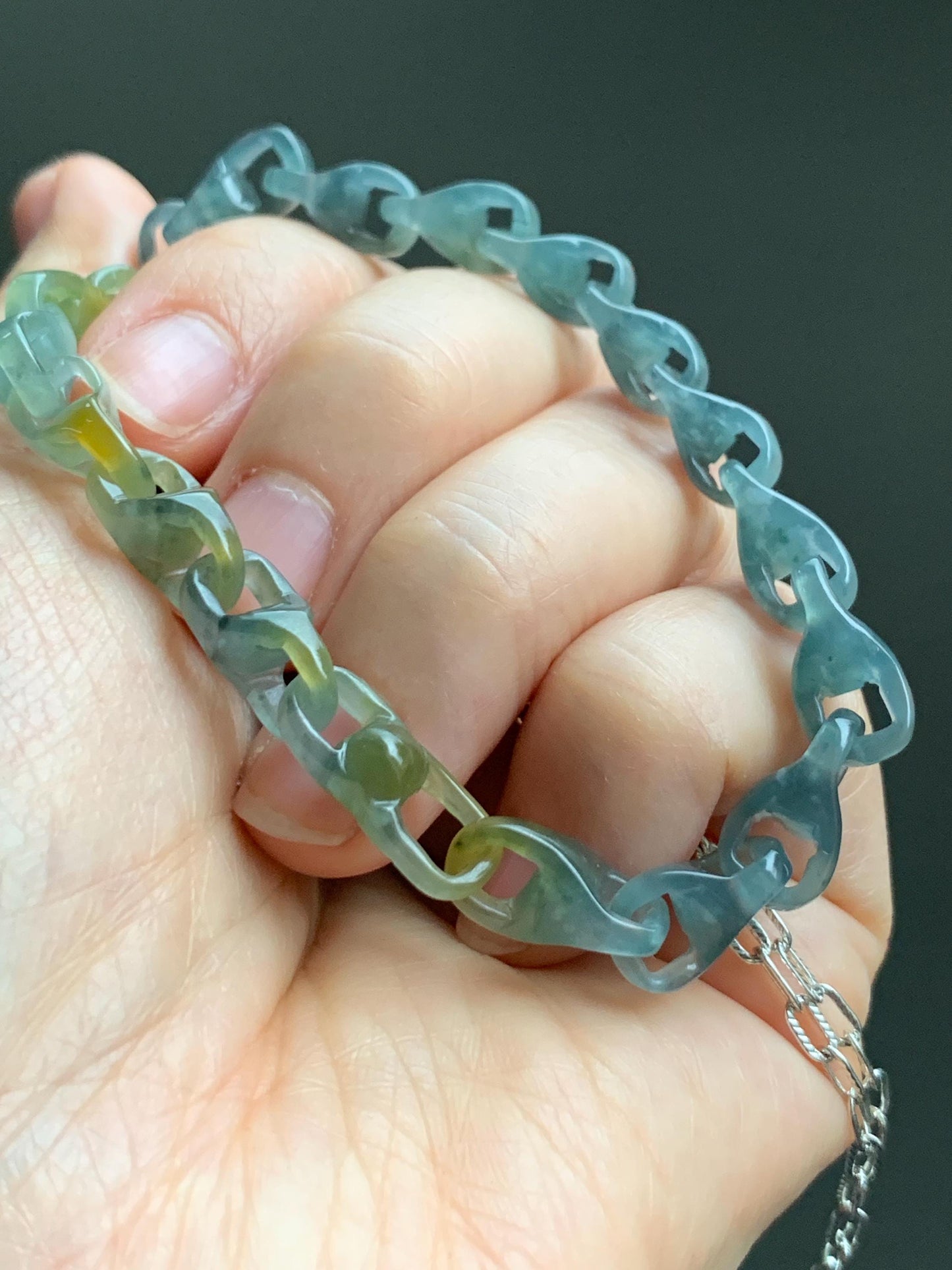 Certified Natural Guatemalan Icy Blue Yellow Marbled Jadeite Interlocked Dragon Bone Links Necklace Sterling Silver 天然冰危蓝飘花翡翠龙骨环环相扣项链 1675