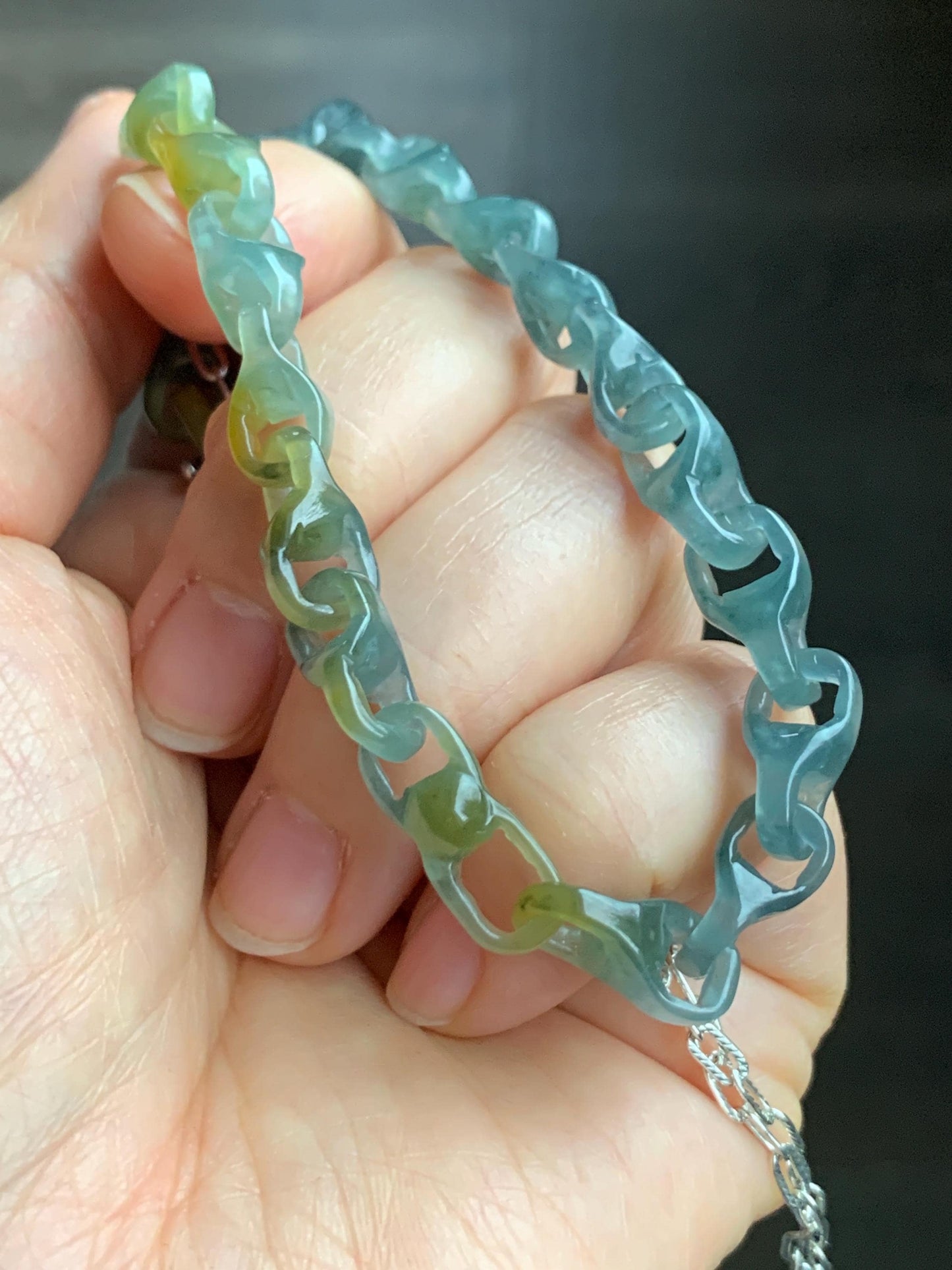 Certified Natural Guatemalan Icy Blue Yellow Marbled Jadeite Interlocked Dragon Bone Links Necklace Sterling Silver 天然冰危蓝飘花翡翠龙骨环环相扣项链 1675