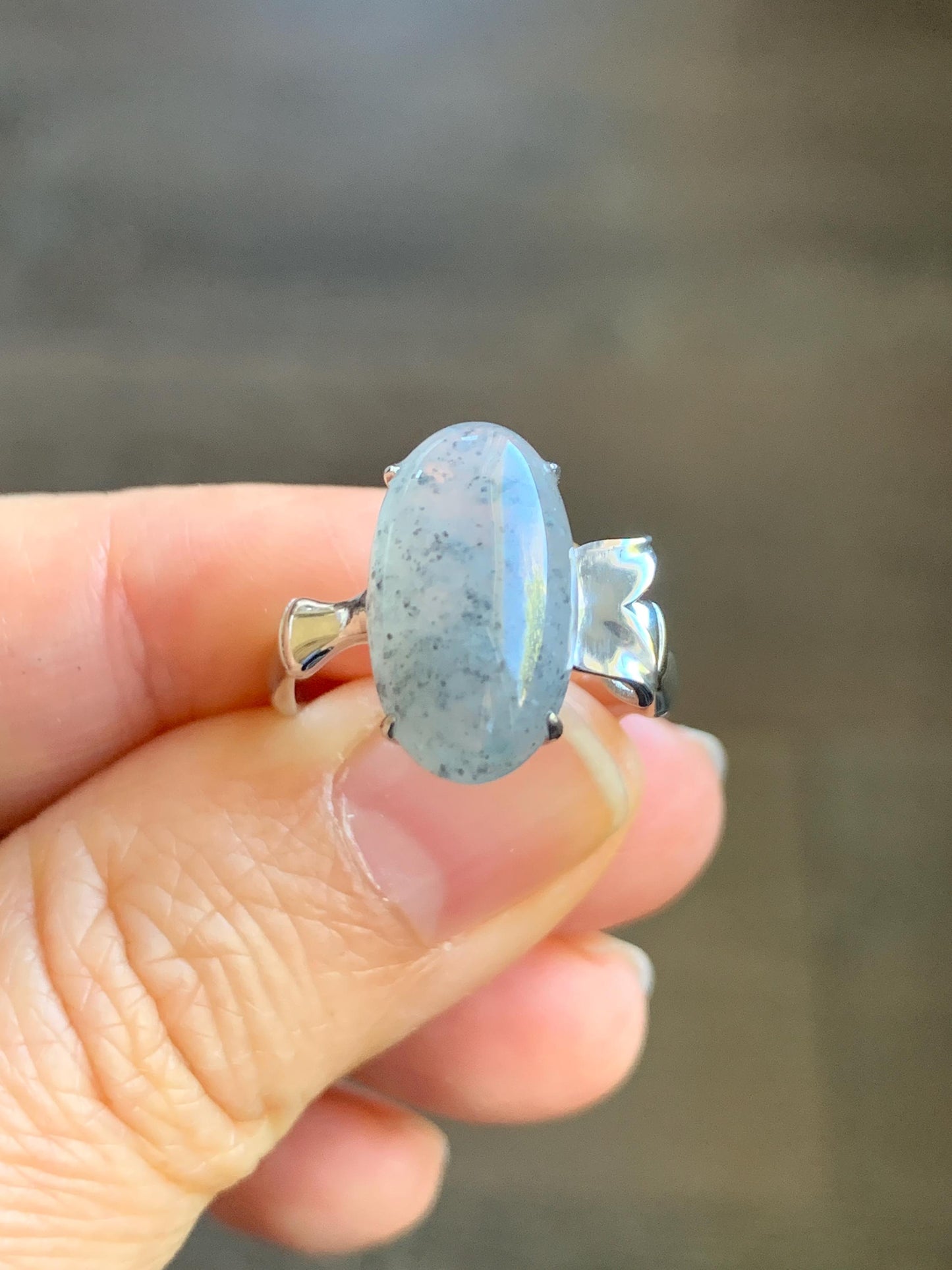 Certified Natural Grade A Icy Translucent Gelatinous Wuji Oval Jadeite Bamboo Ring Sterling Silver size 6.5 US 3.6g 天然冰胶乌鸡翡翠镶嵌竹节款戒指 7394