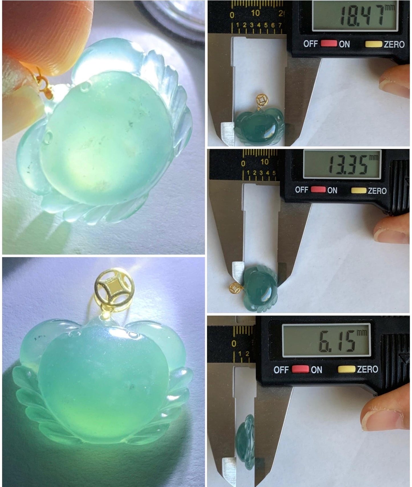 Natural Grade A Guatemalan Premium Icy Highly Translucent Teal Blue Jadeite Crab Pendant 18K Yellow Gold Bail 3g 天然冰危蓝绿起光翡翠螃蟹镶嵌吊坠