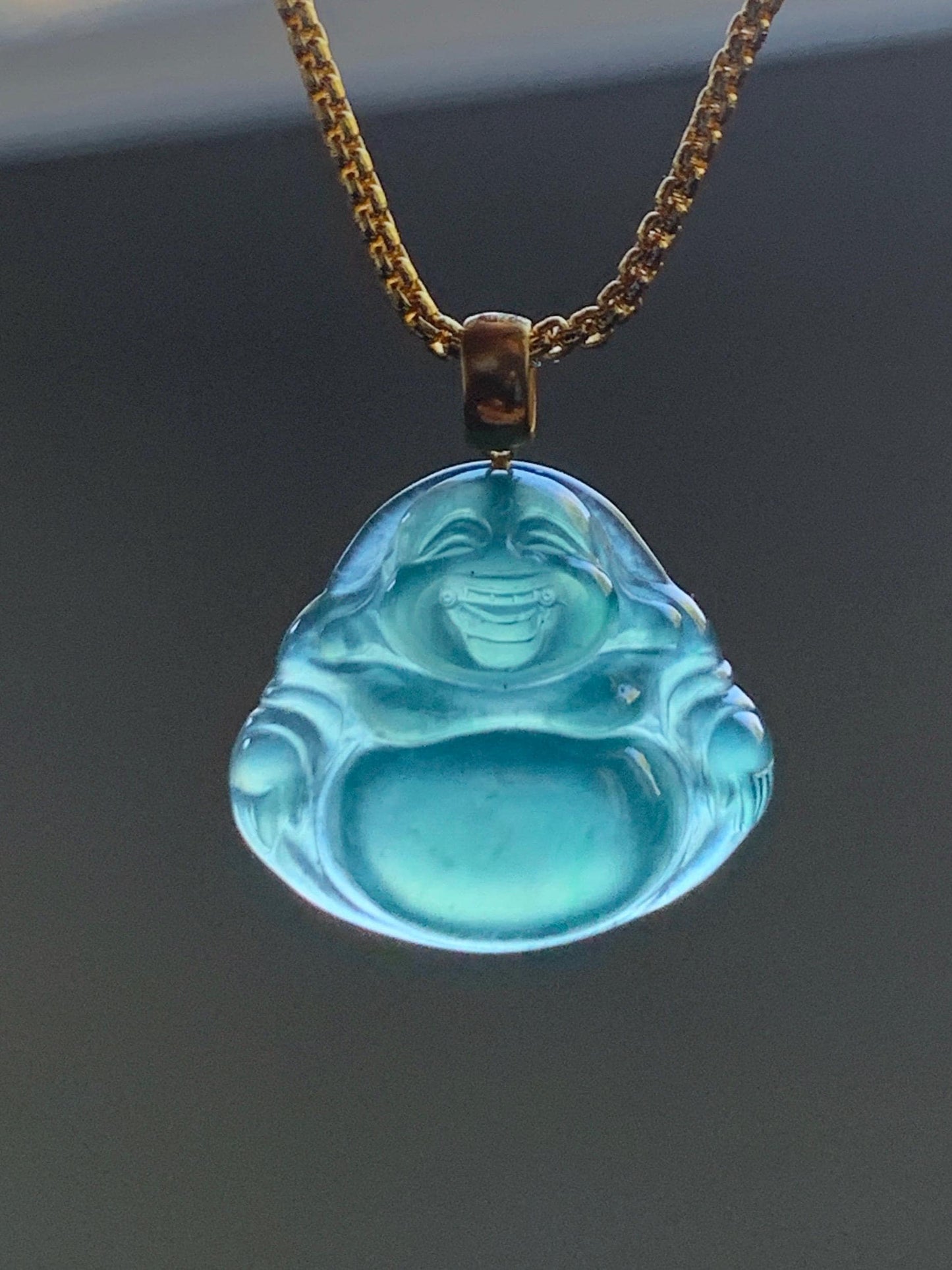 Natural Grade A Guatemalan Premium Icy Highly Translucent Teal Green Jadeite Buddha Pendant 18K Yellow Gold Bail 2g 天然冰危蓝绿起光翡翠佛公镶嵌吊坠