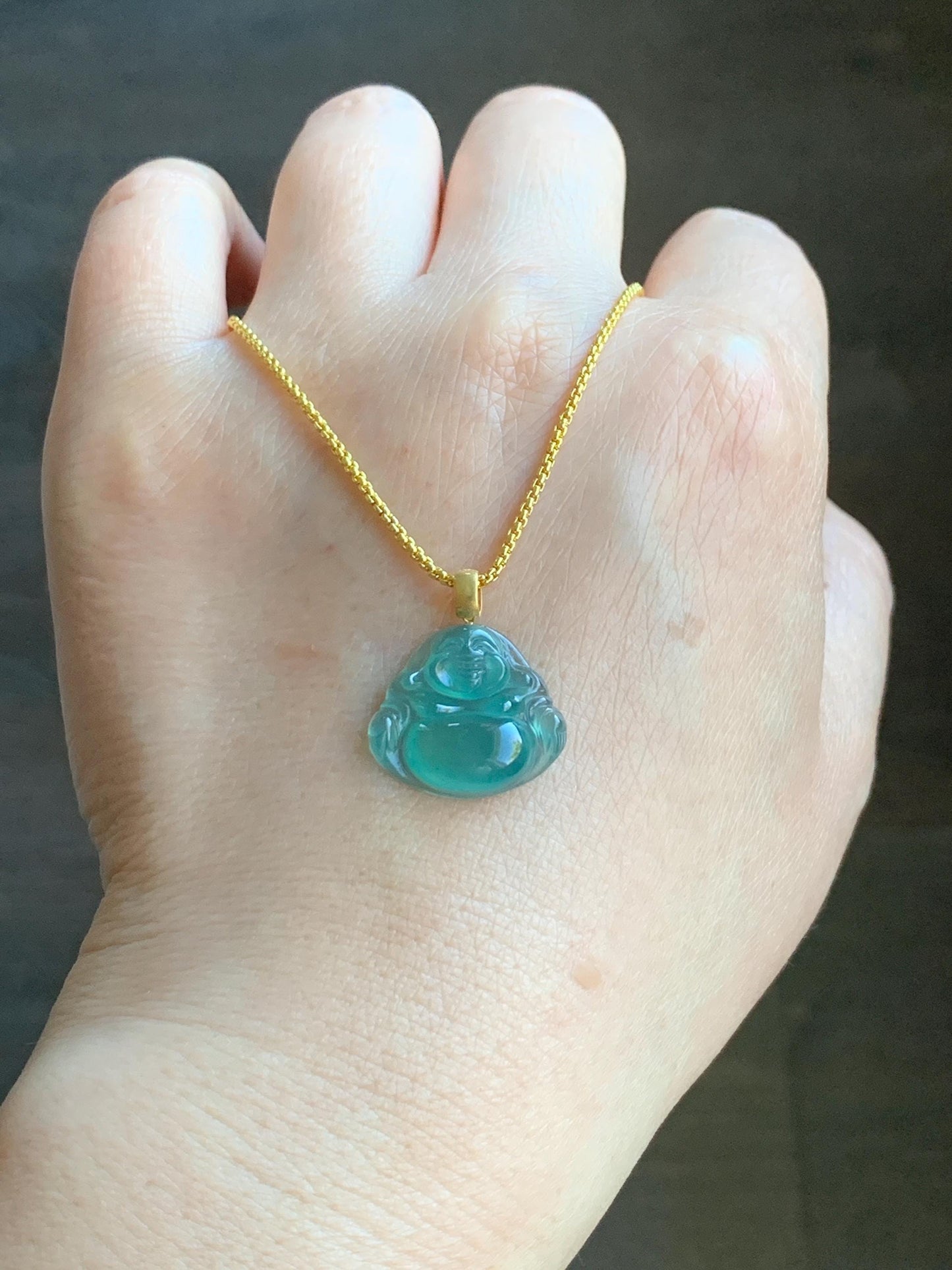Natural Grade A Guatemalan Premium Icy Highly Translucent Teal Green Jadeite Buddha Pendant 18K Yellow Gold Bail 2g 天然冰危蓝绿起光翡翠佛公镶嵌吊坠