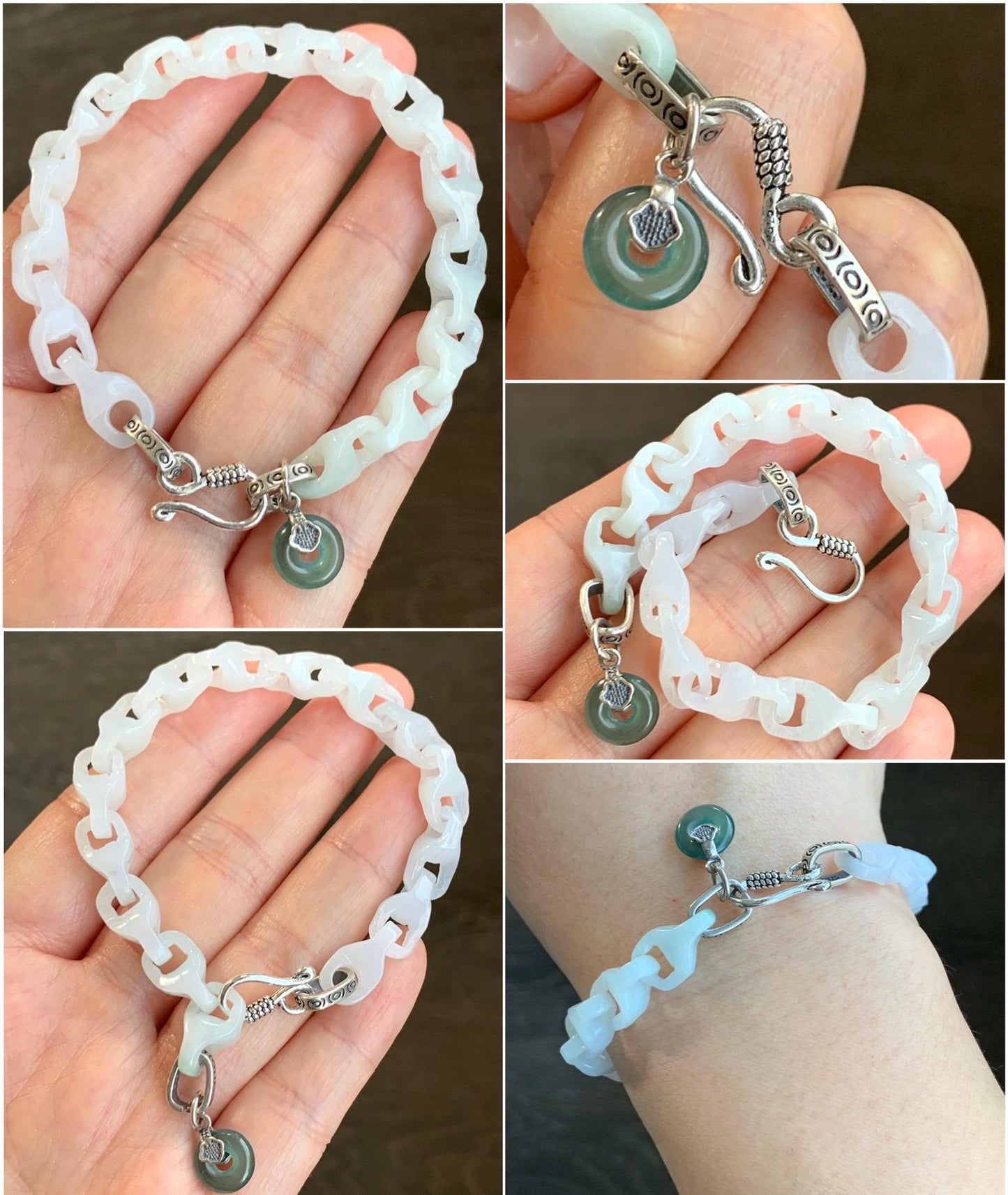 Natural Grade A Icy Translucent White Jadeite Carved Interlocking Dragon Bone Link Chain Bracelet Sterling Silver 7.5” 天然白冰胶翡翠龙骨雕手链冰危翡翠平安扣吊坠