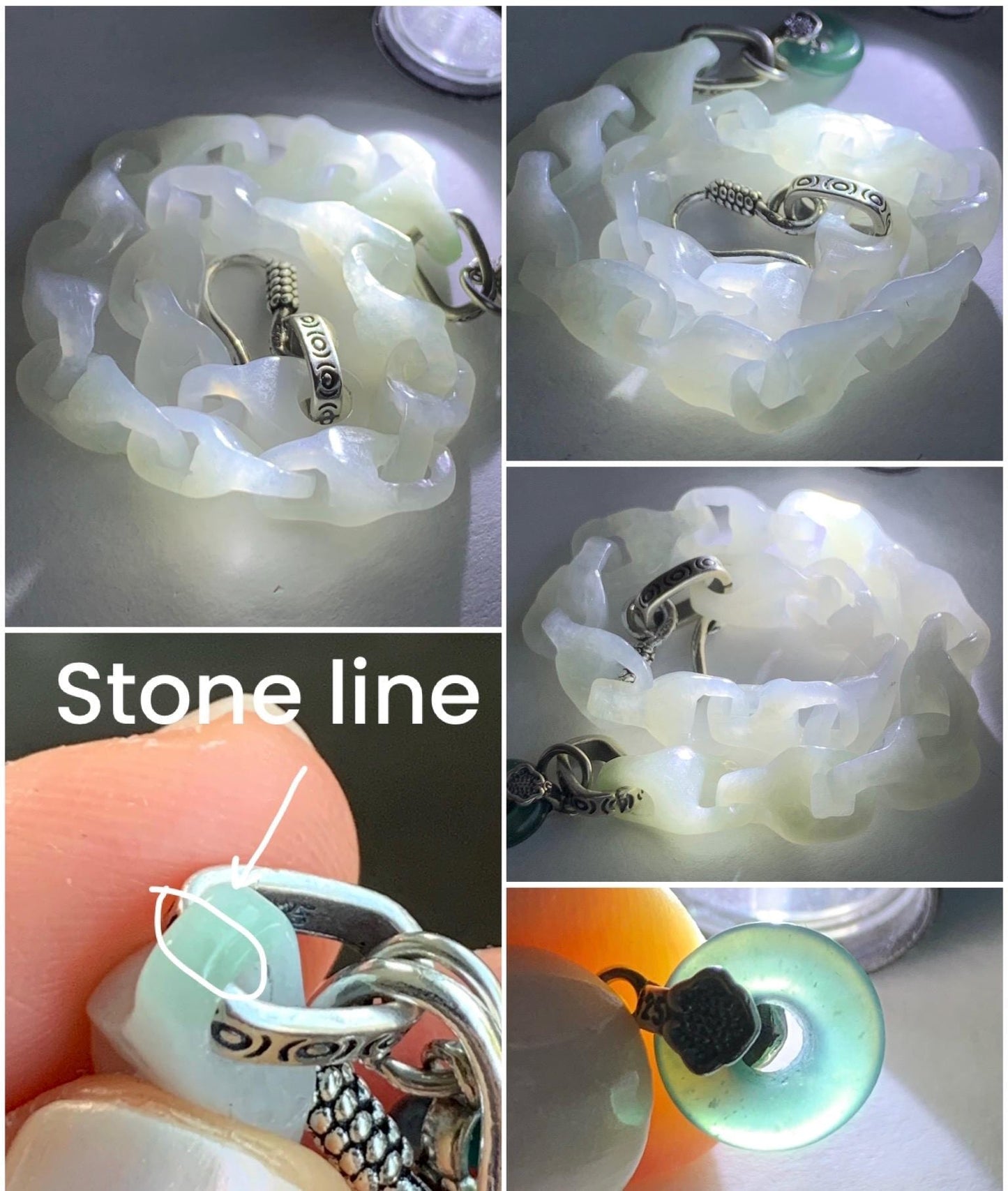 Natural Grade A Icy Translucent White Jadeite Carved Interlocking Dragon Bone Link Chain Bracelet Sterling Silver 7.5” 天然白冰胶翡翠龙骨雕手链冰危翡翠平安扣吊坠