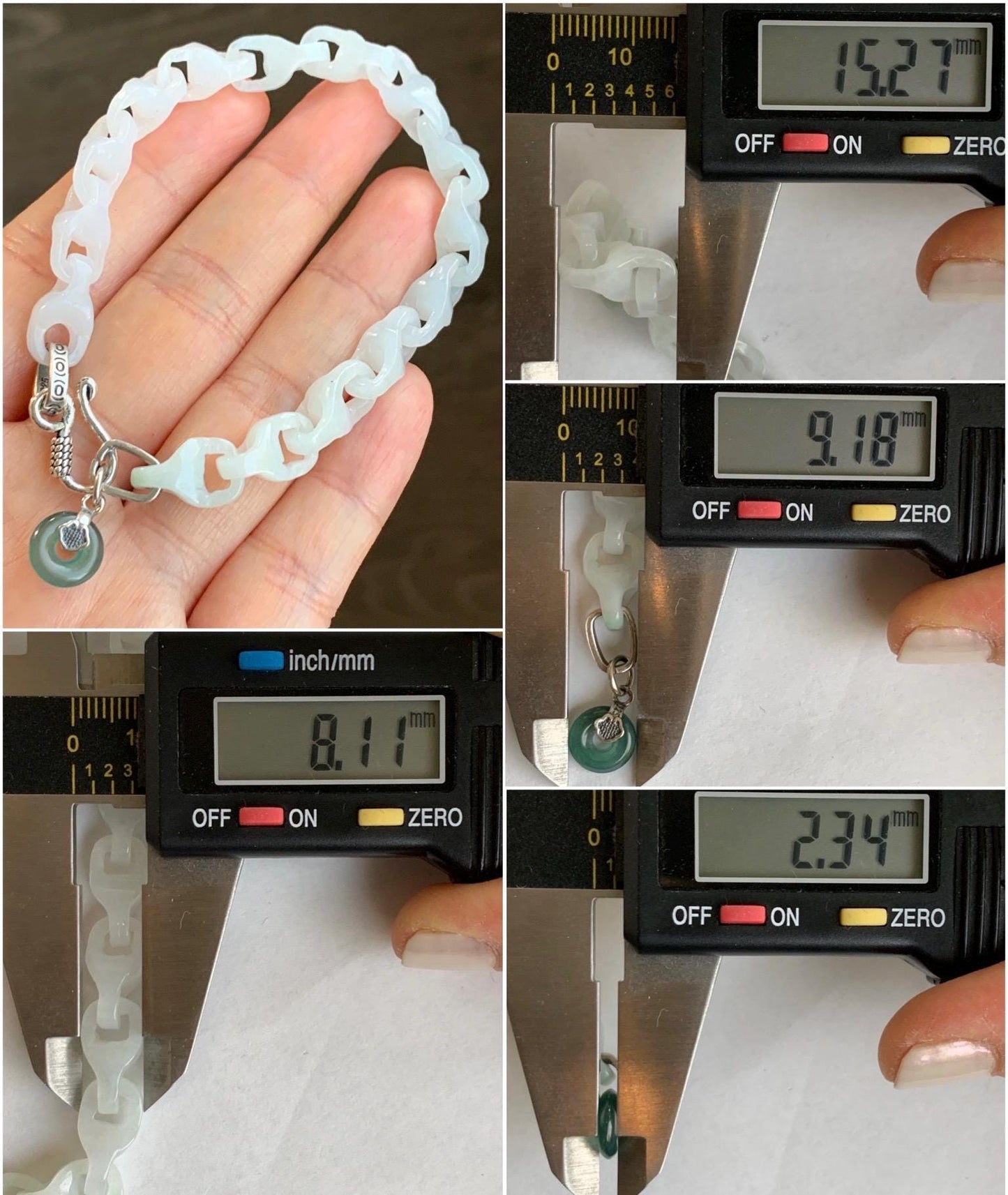 Natural Grade A Icy Translucent White Jadeite Carved Interlocking Dragon Bone Link Chain Bracelet Sterling Silver 7.5” 天然白冰胶翡翠龙骨雕手链冰危翡翠平安扣吊坠