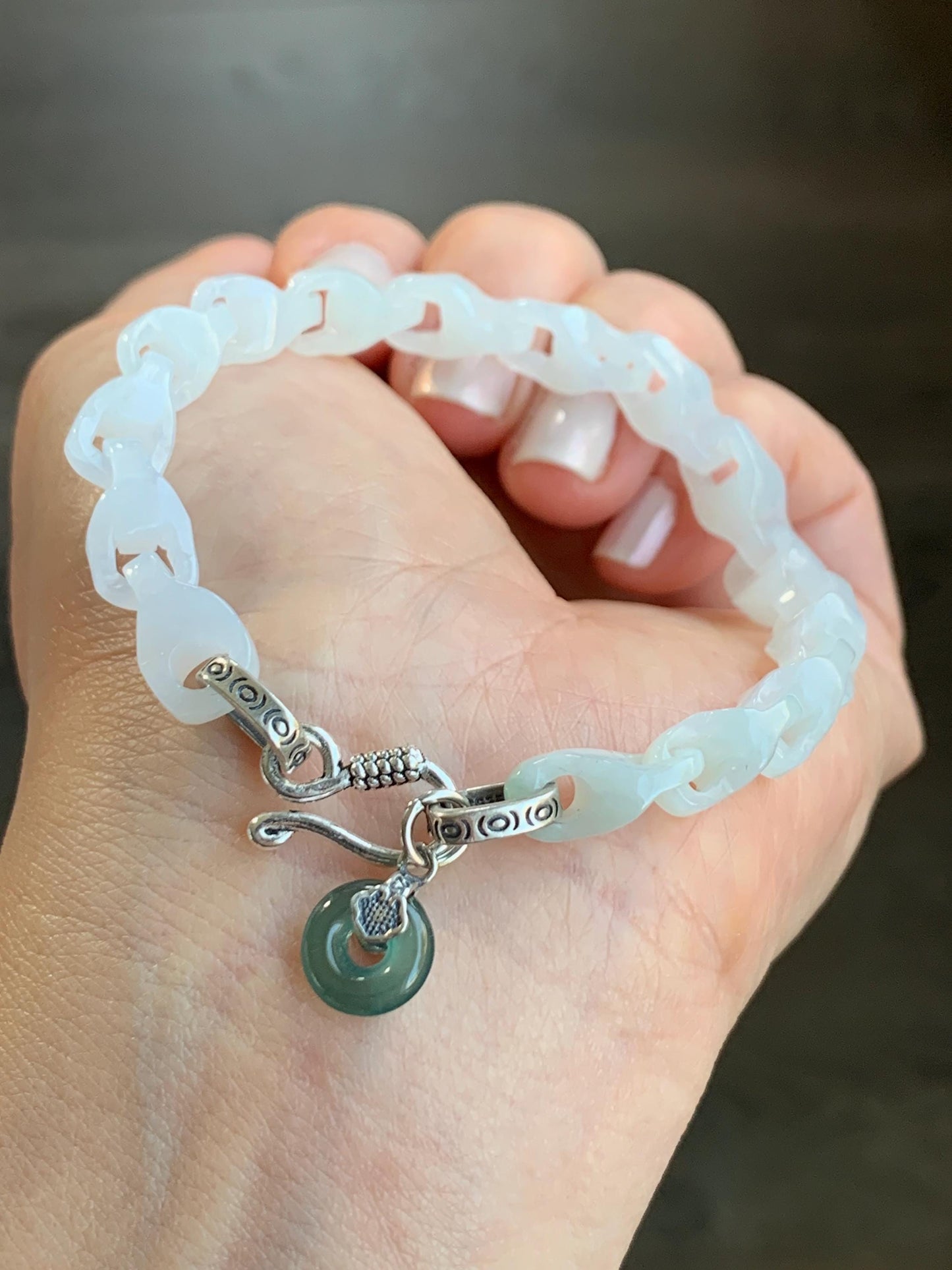 Natural Grade A Icy Translucent White Jadeite Carved Interlocking Dragon Bone Link Chain Bracelet Sterling Silver 7.5” 天然白冰胶翡翠龙骨雕手链冰危翡翠平安扣吊坠