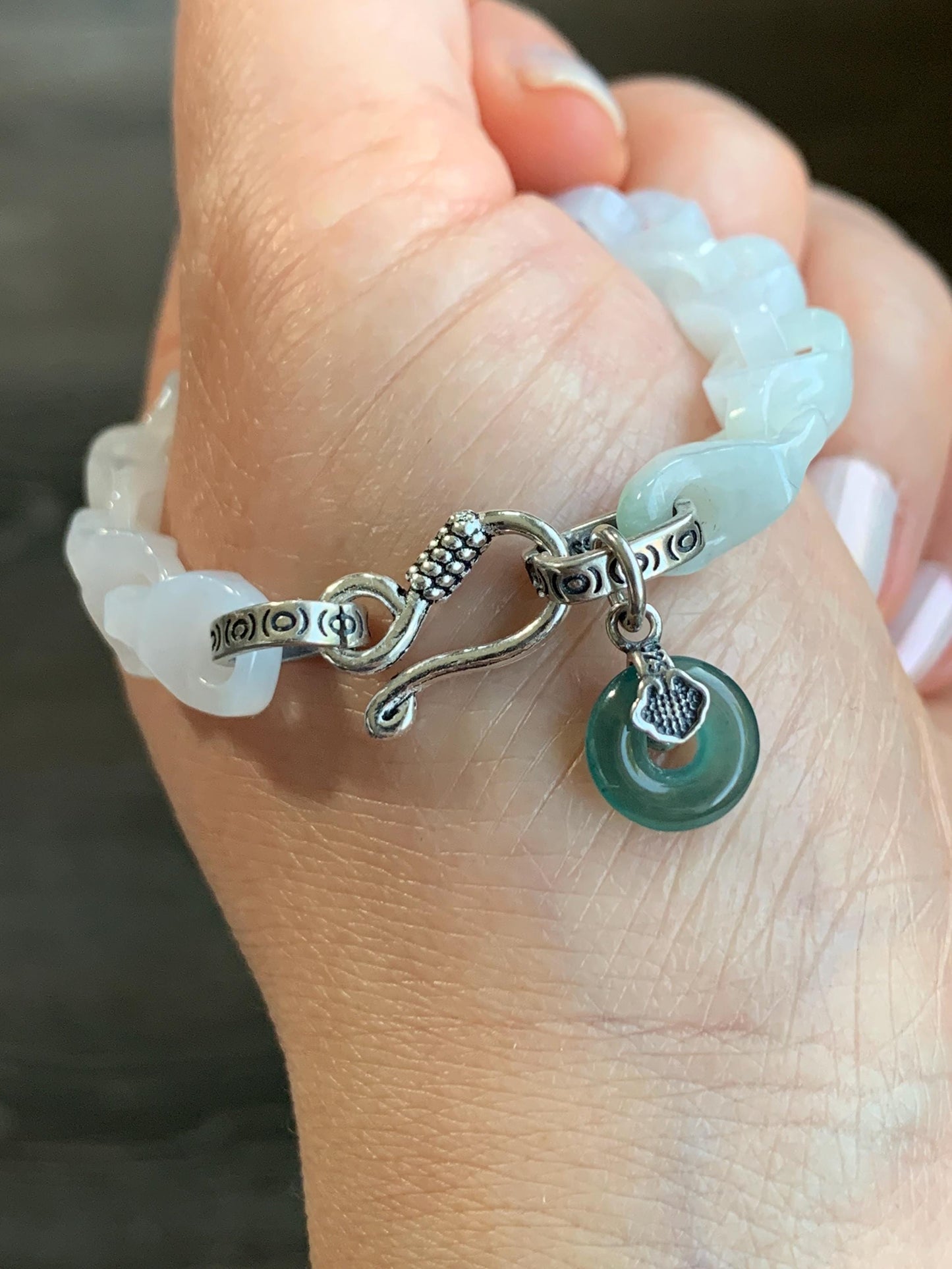 Natural Grade A Icy Translucent White Jadeite Carved Interlocking Dragon Bone Link Chain Bracelet Sterling Silver 7.5” 天然白冰胶翡翠龙骨雕手链冰危翡翠平安扣吊坠