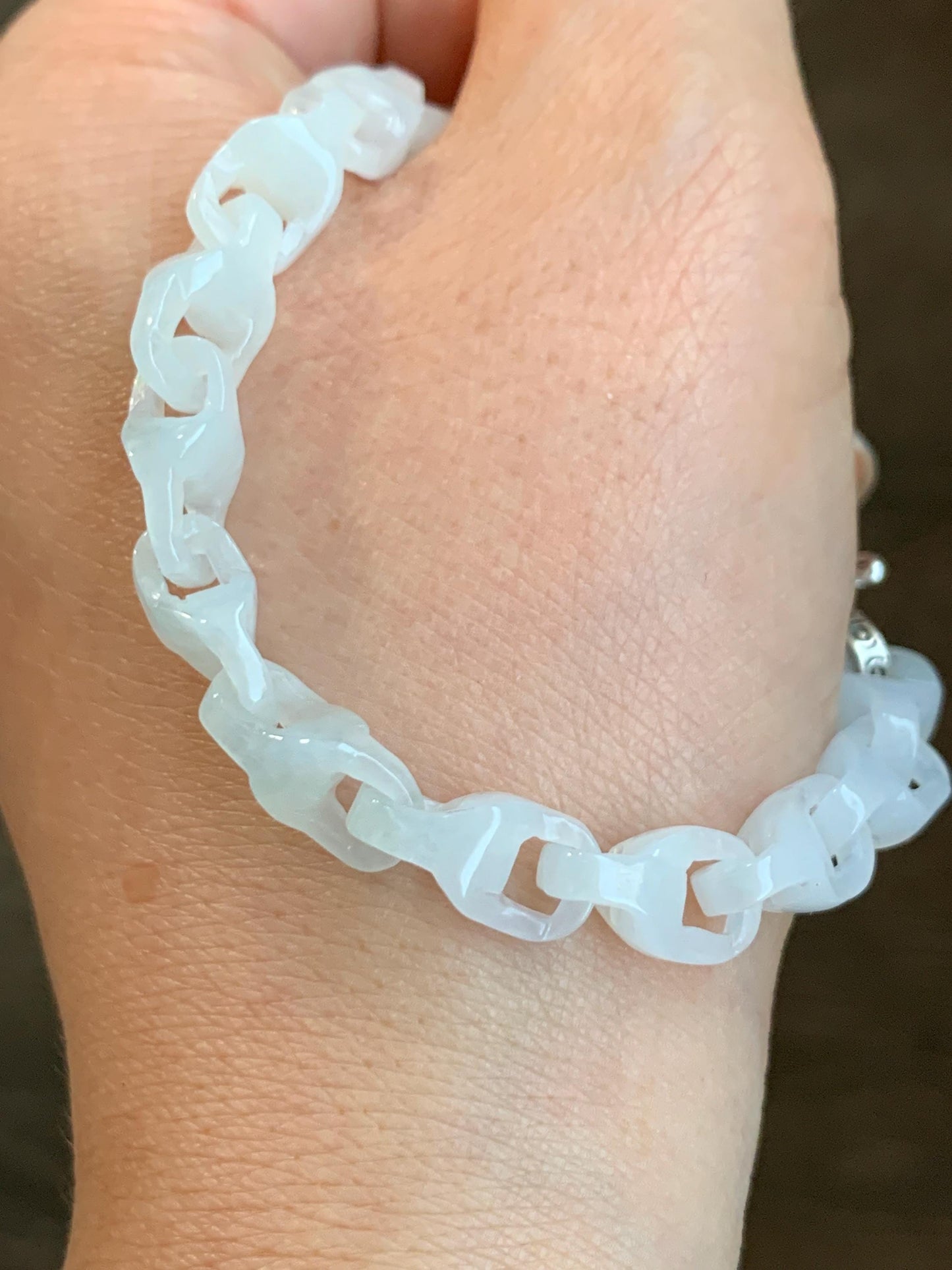 Natural Grade A Icy Translucent White Jadeite Carved Interlocking Dragon Bone Link Chain Bracelet Sterling Silver 7.5” 天然白冰胶翡翠龙骨雕手链冰危翡翠平安扣吊坠