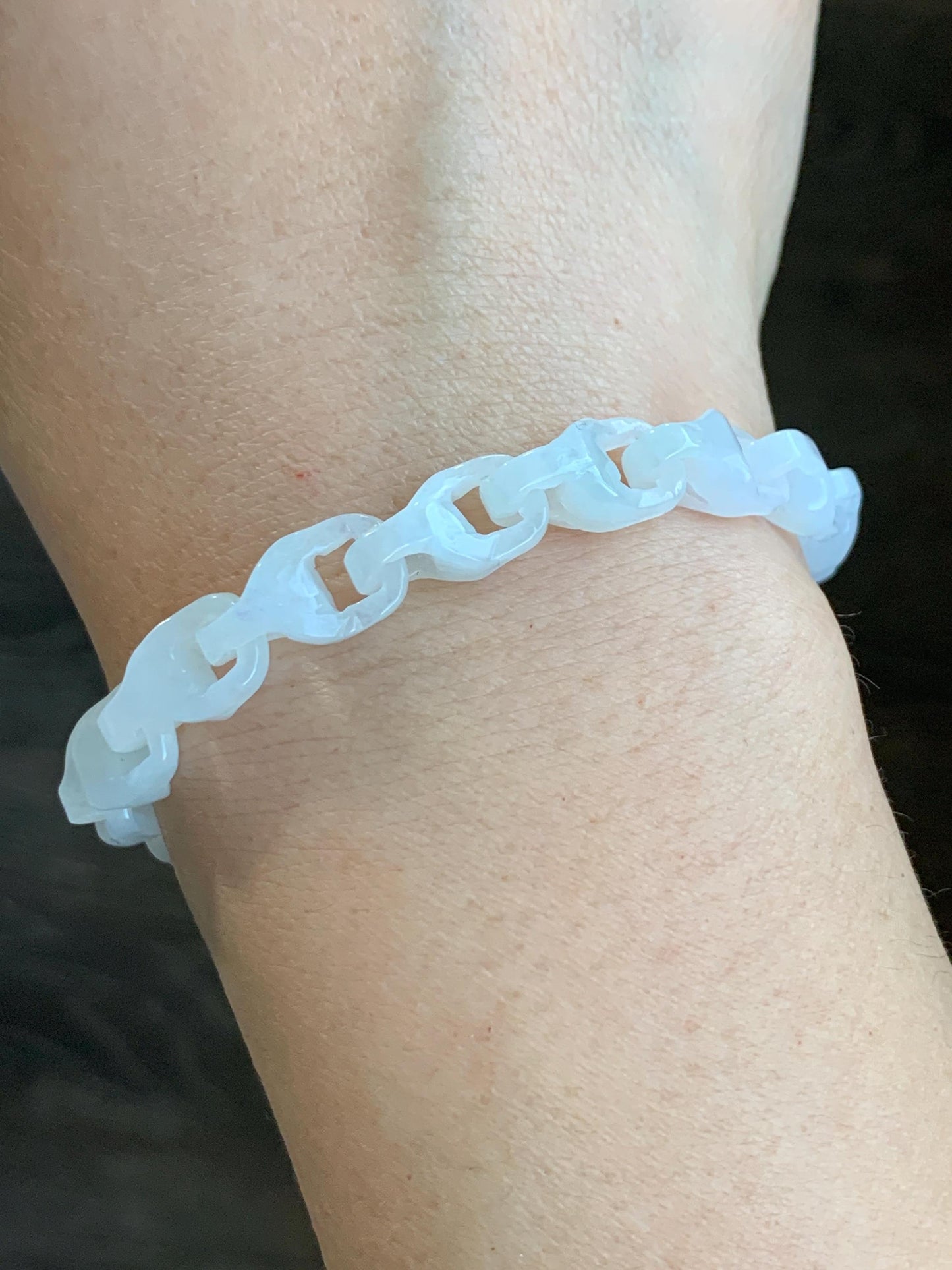 Natural Grade A Icy Translucent White Jadeite Carved Interlocking Dragon Bone Link Chain Bracelet Sterling Silver 7.5” 天然白冰胶翡翠龙骨雕手链冰危翡翠平安扣吊坠