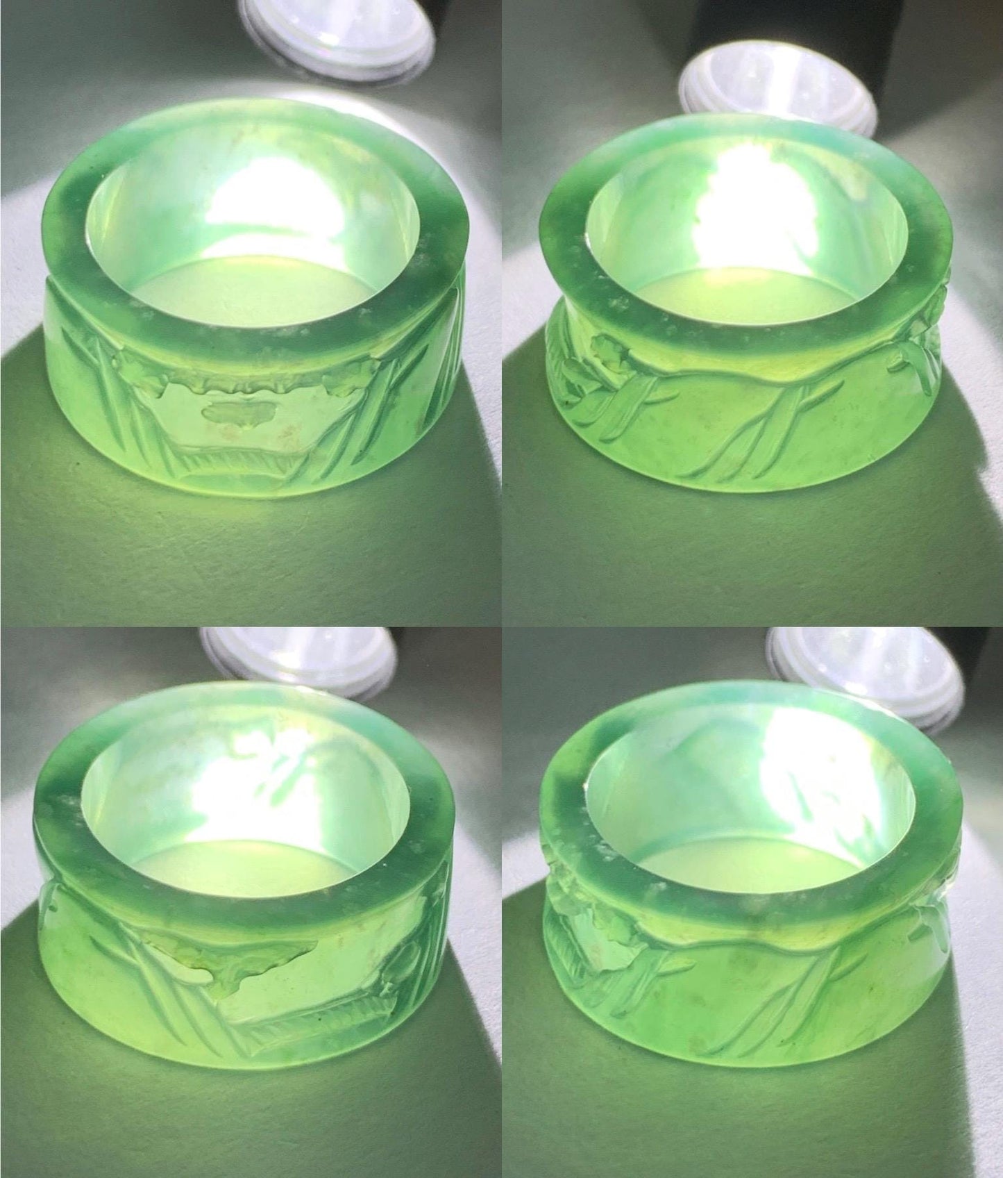 Certified Natural Guatemalan Icy Highly Translucent Dark Teal Green Jadeite Engraved Shan Shui Band Ring Banzhi Size 10 天然高冰危蓝绿翡翠山水戒圈 1689